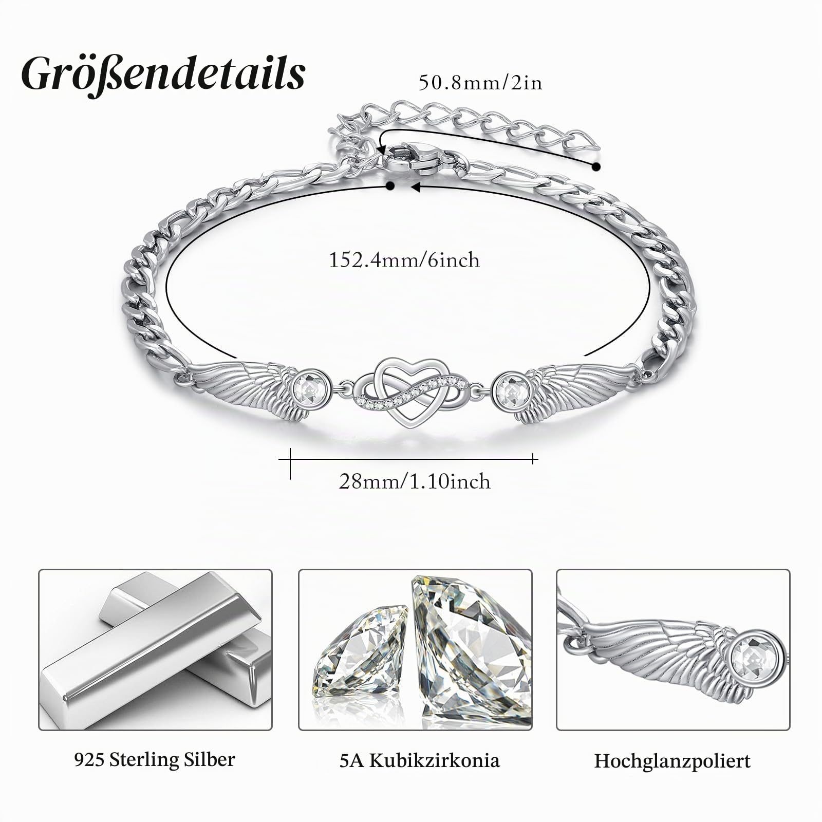OHAYOO Unendlichkeitszeichen Armband Herz 925 Sterling Silber Engelsflügel Armband Geburtsstein Engel Flügel Herz Infinity Armbänder Schmuck Geschenke für Mädchen Frauen Frau