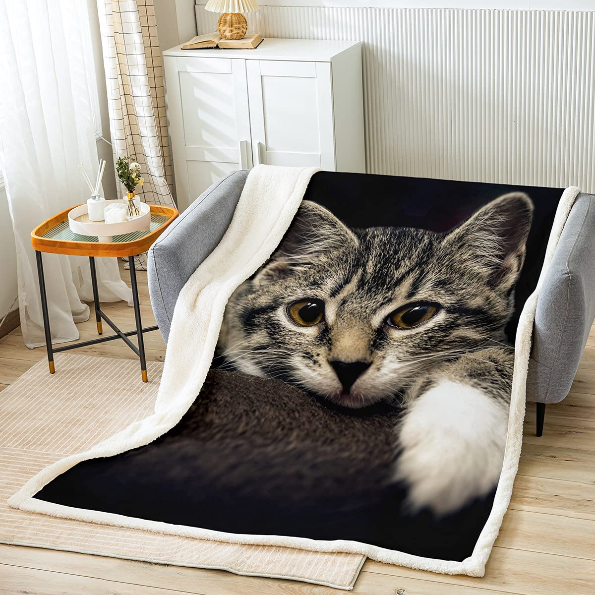 Cats Sherpa Blanket 3D Animals Pattern Fleece Throw Blanket for Kids Boys Girls Pet Cat Kitten Fuzzy Blanket for Sofa Bed Brown Grey,Single 50x60 Inch