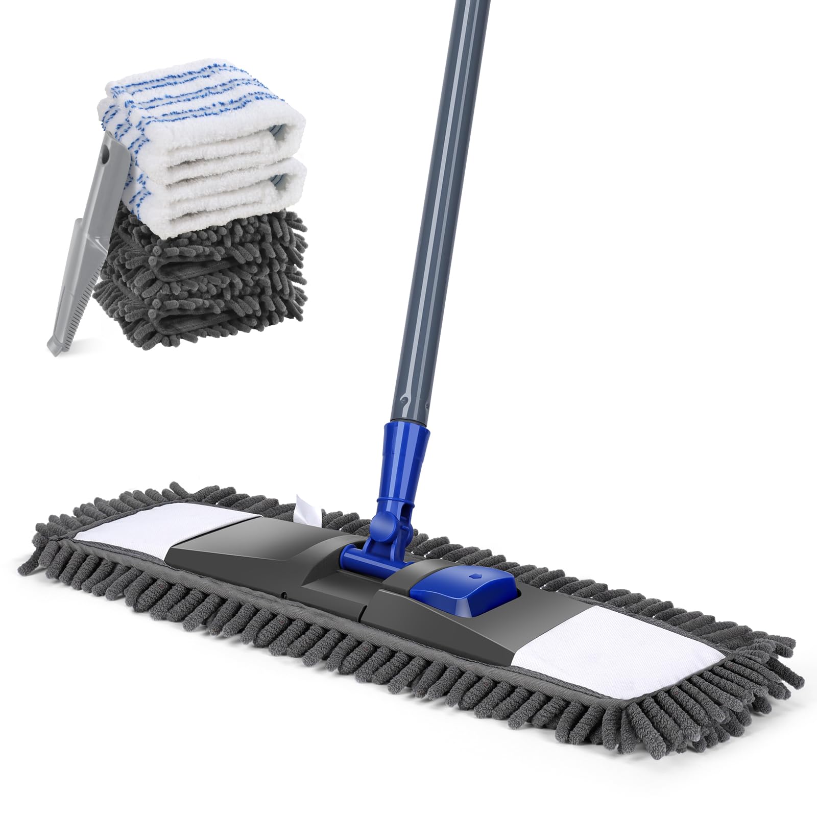 Masthome Mocio Lavapavimenti in Microfibra, Mocio Pavimenti Professionale con 4 Panni di Ricambio e 1 Raschietto, Mocio Piatto Rotante a 360°, per Casa, Cucina, Legno Duro, Laminato, Ceramica