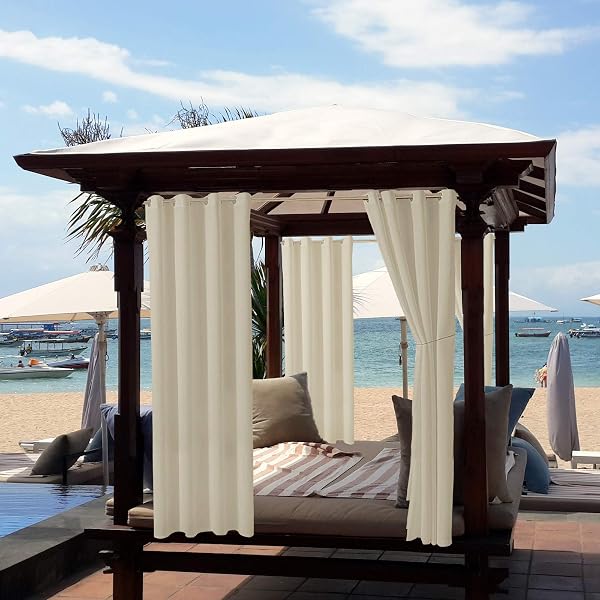 ele ELEOPTION Rideaux d'extérieur Hydrofuges, Protection Anti-UV avec œillets, pour Jardin, Cour, Balcon, Blanc Cassé, 2 Pièces / 132 X 213cm - 1