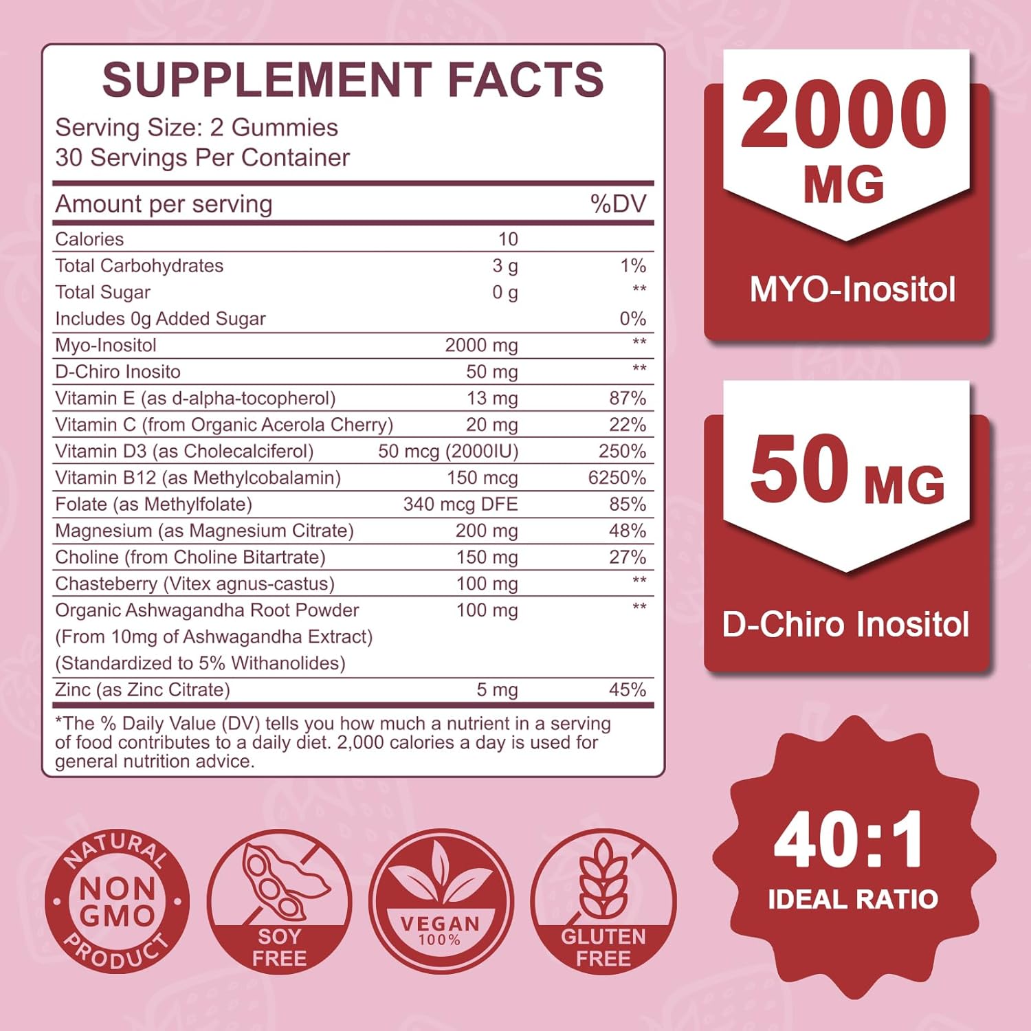 Myo-Inositol & D-Chiro Inositol Gummies Supplement for Women 2000mg + 50mg Ideal 40:1 Ratio with Magnesium and Vitamin D3 for Female Hormone Balance & Wellness, Vegan, Gelatin-Free, 60 Gummies