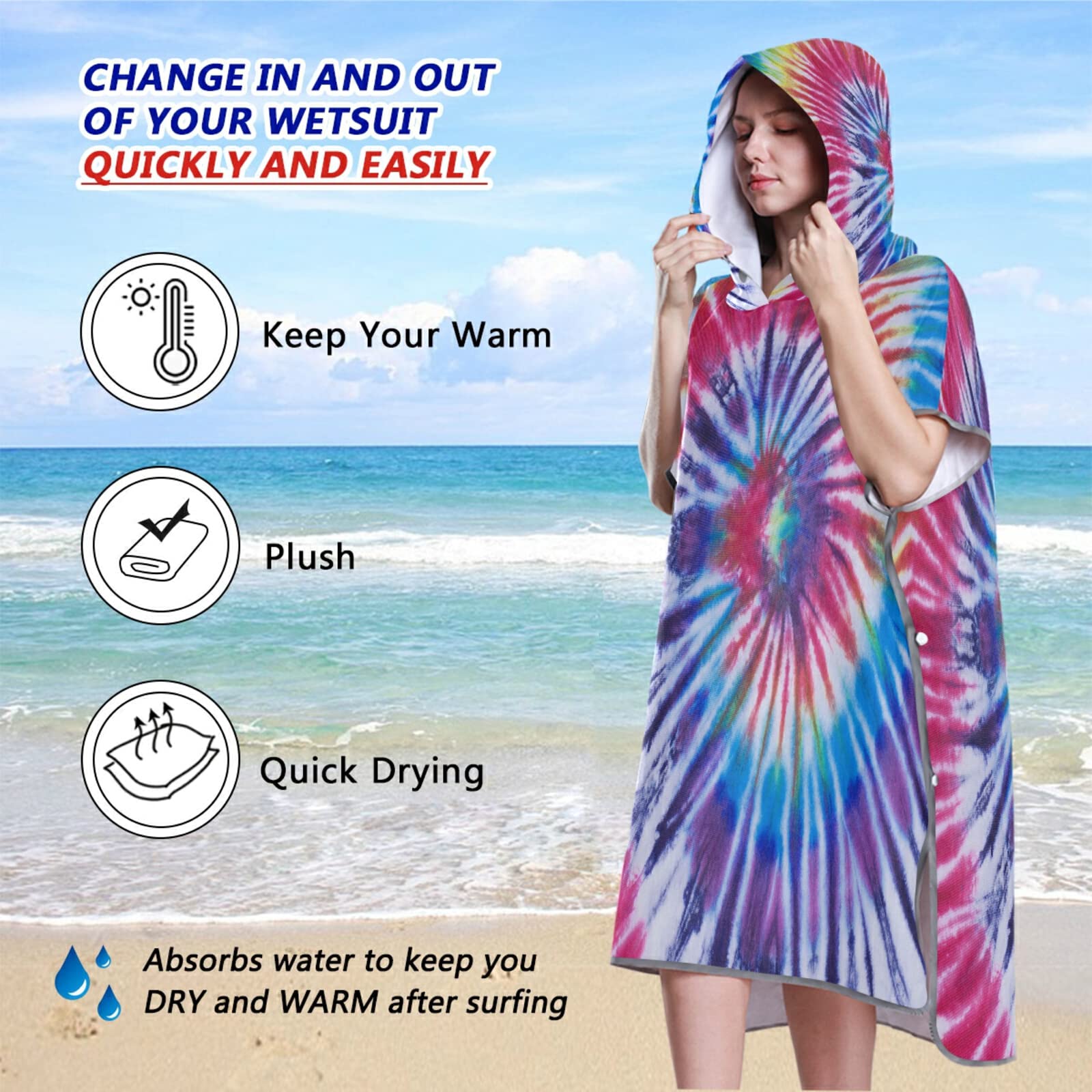 Hippie-Poncho mit Kapuze und Tasche, schnelltrocknender Bademantel, Mikrofaser-Handtuch, Neoprenanzug für Bad, Strand, Outdoor, Regenbogenfarben, Batikfärbung, Gelb, Rosa, Lila, Blau, Hippie-Poncho
