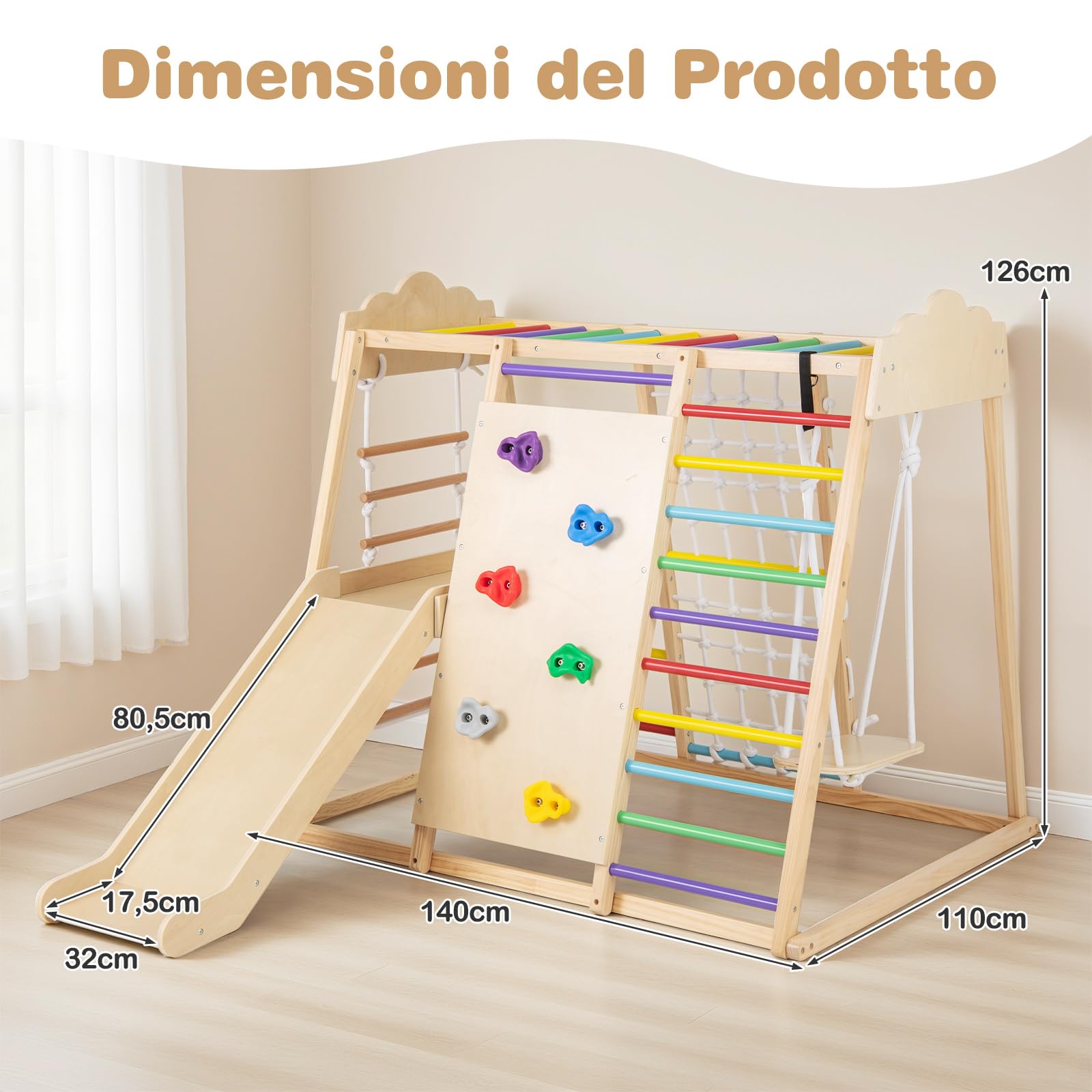 COSTWAY 8 in 1 Set da Arrampicata per Bambini, Palestra in Legno da Interno con Sbarre Scivolo Altalena Scala in Corda e Roccia/Rete da Arrampicata, per Bambini 3 Anni+ (Colorato)