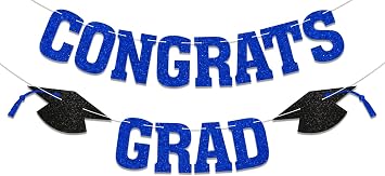 Pre-Strung Congrats Grad Banner - Blue Glitter Graduation Party Decorations- Were So Proud of You, Congrats Class of 2026 Grad Party Decorations Blue