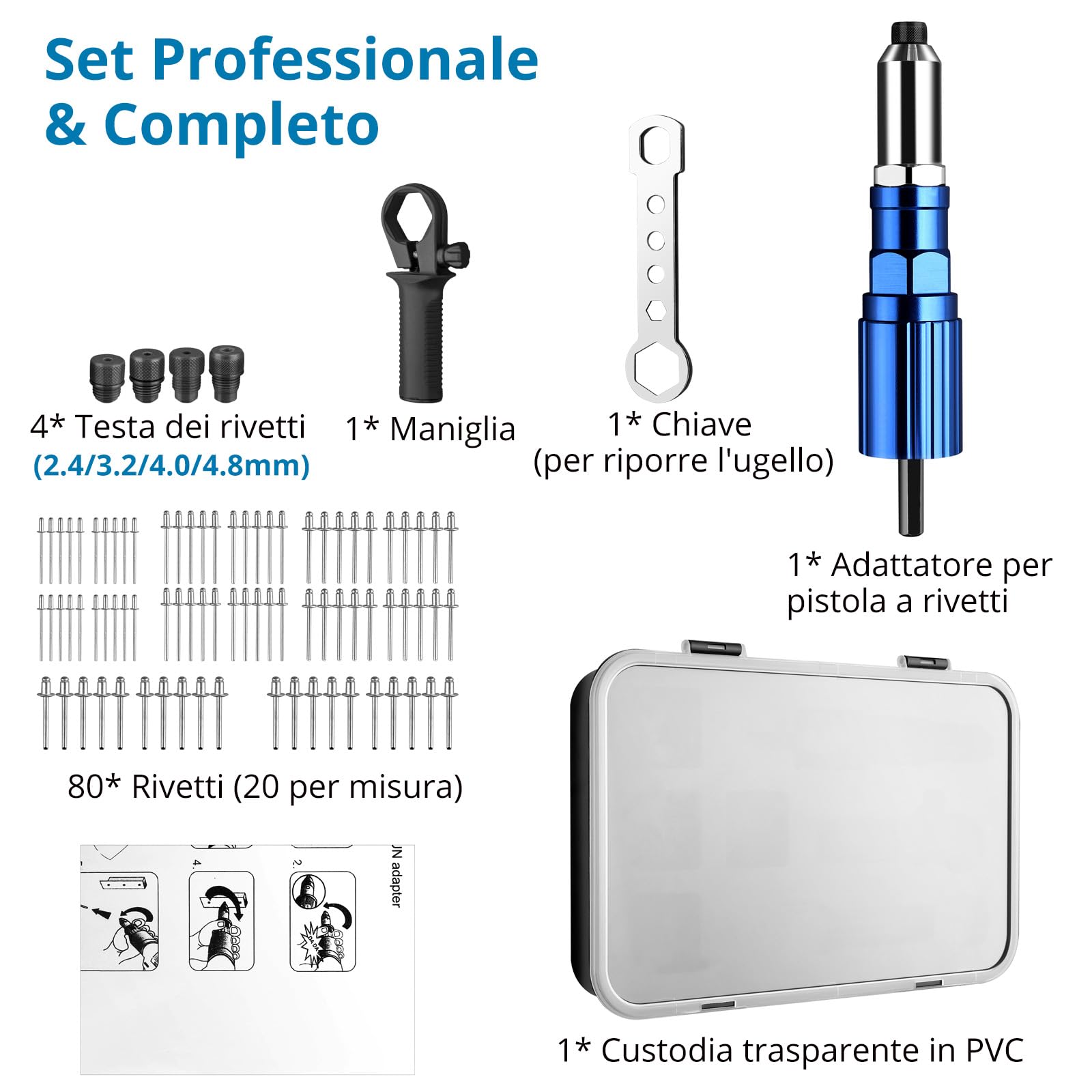 AUTOUTLET Rivetto per Trapano Avvitatore a Batteria, Adattatore Elettrico con 2,4/3,2/4,0/4,8 mm Naselli e 80 Rivetti Ciechi in Alluminio e Acciaio Inossidabile