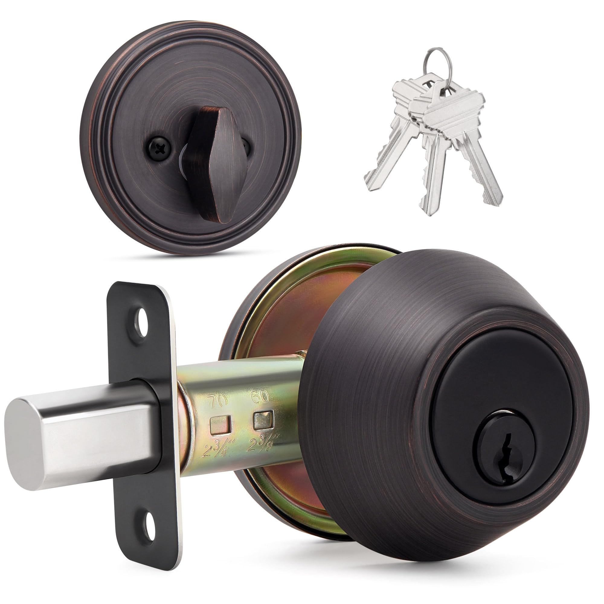 Round Design Single Cylinder Deadbolt with Keys, Exterior Keyed Dead Bolt Lock for Front Entrance Door Security, Oil Rubbed Bronze