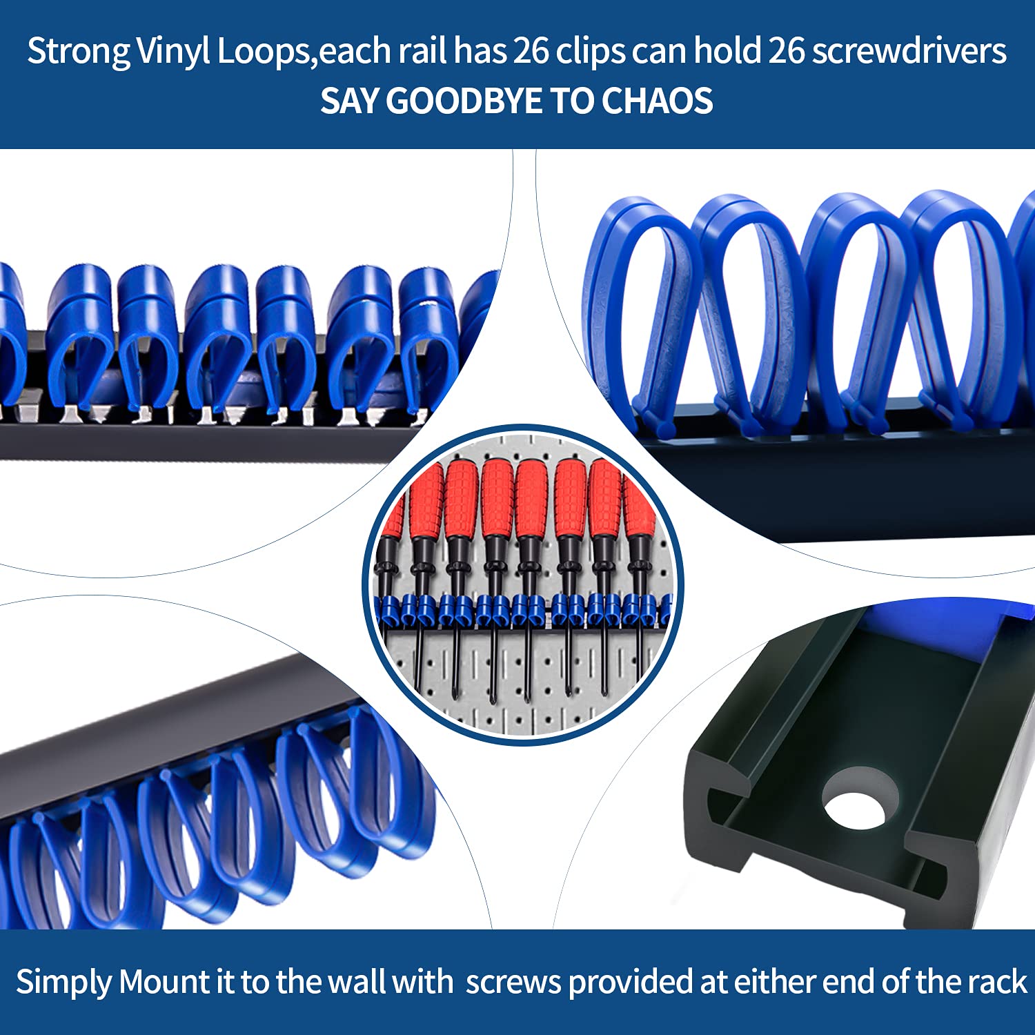 3-H Porta Cacciaviti Parete 4 pezzi, Supporto Attrezzi Parete Clip Mobile e Alta Tensione per Tenere Portautensili Cacciaviti per Cacciavite Chiave inglese in Garage,Casa,Officina di Riparazione-Blu