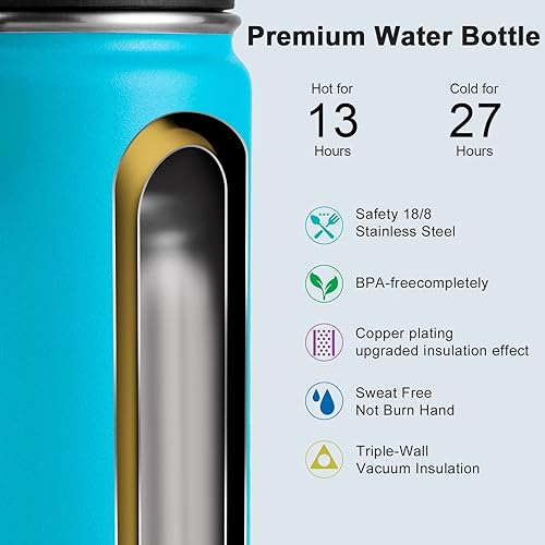 Miniatura 4 de Koodee Botella de agua para niños, de 16 onzas, acero inoxidable, con aislamiento al vacío, con tapa de boquilla a prueba de fugas, color azul cielo.