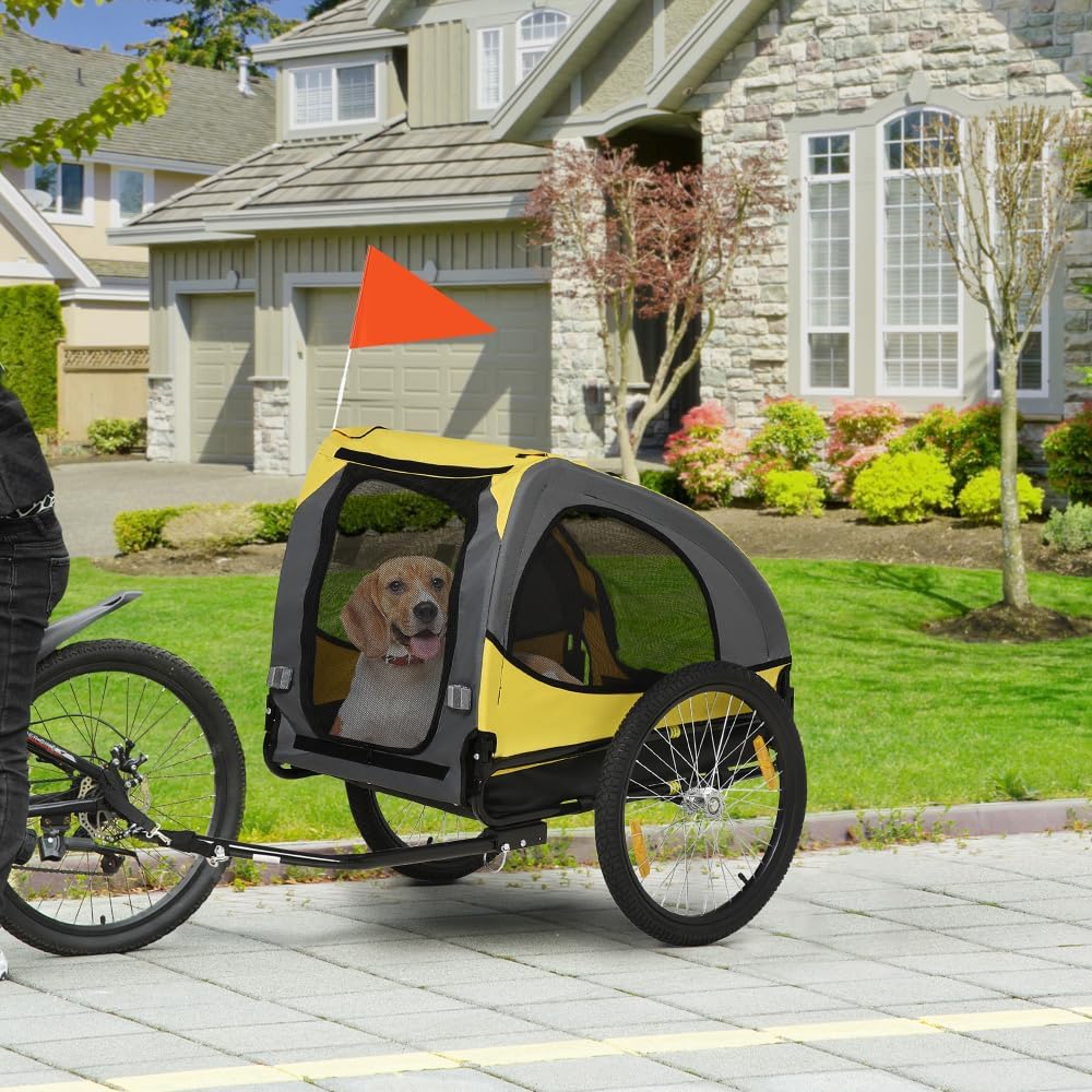Dog Bike Trailer for Medium Dogs, Pet Bike Wagon with Steel Frame, Easy Entry Zipper Door, Reflectors and Flag, Comfortable Oxford Fabric Cabin for Outdoor Adventures