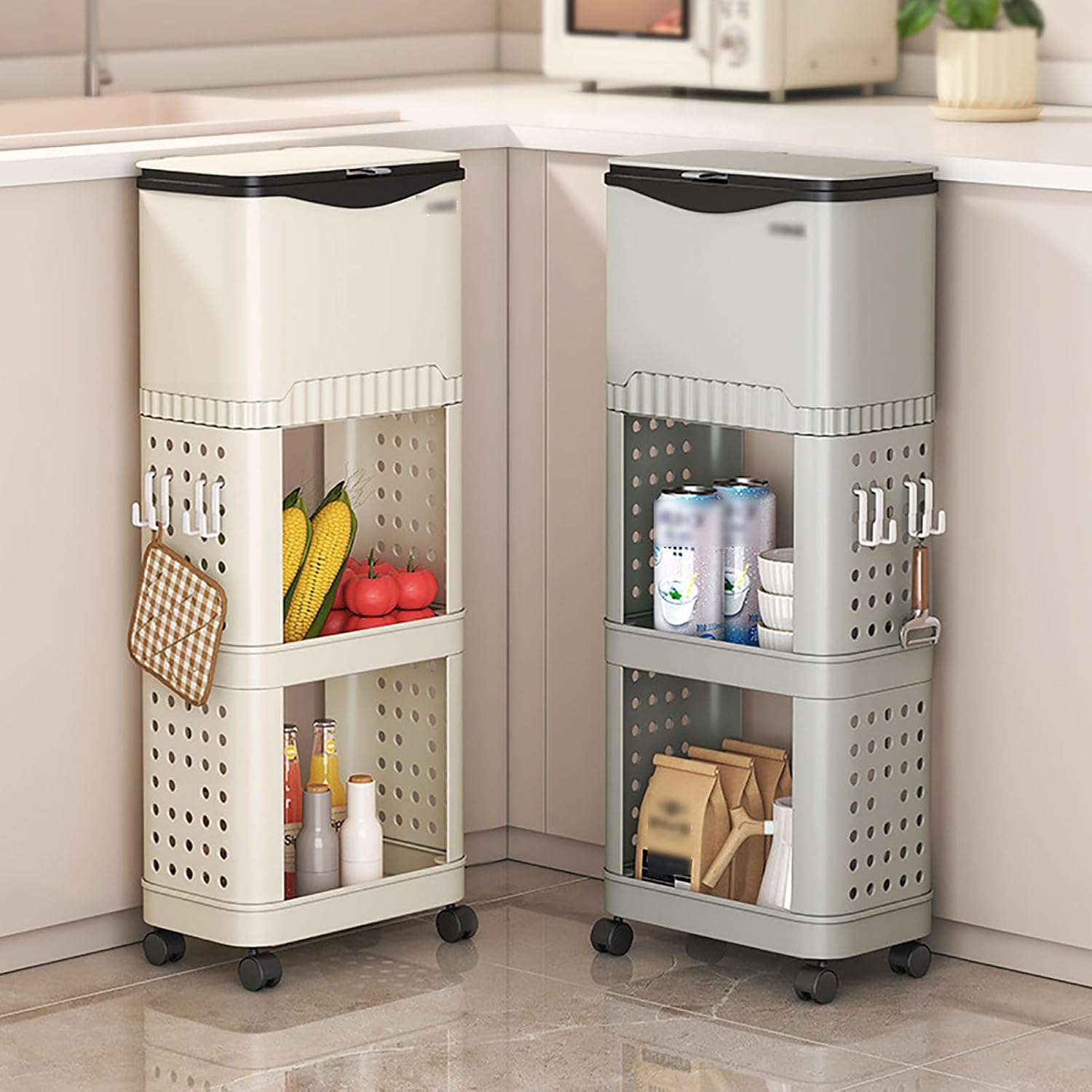 Narrow Rolling Storage Shelf, 28x19x74cm Plastic Utility Cart with Sliding Lid, Kitchen Trash Can Rack for Laundry Room Organization, Space-Saving White Design