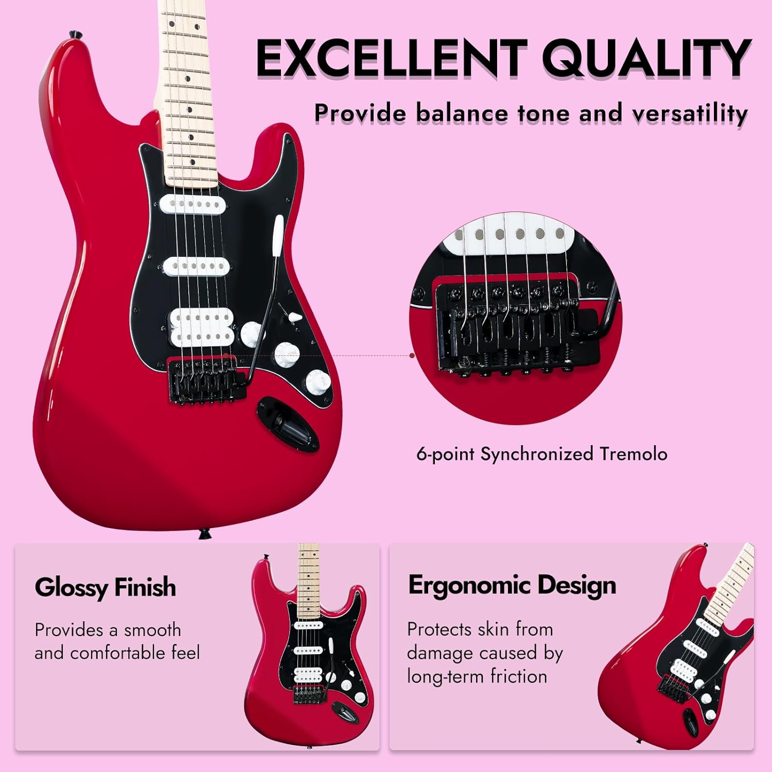 Tostar Electric Guitar Full Size Kit for Beginners 6 String HSS Pickup Bundle with Gig Bag,Capo,Tremolo, Strap, Picks Red Electric Guitars with Amp 39" for Gifts