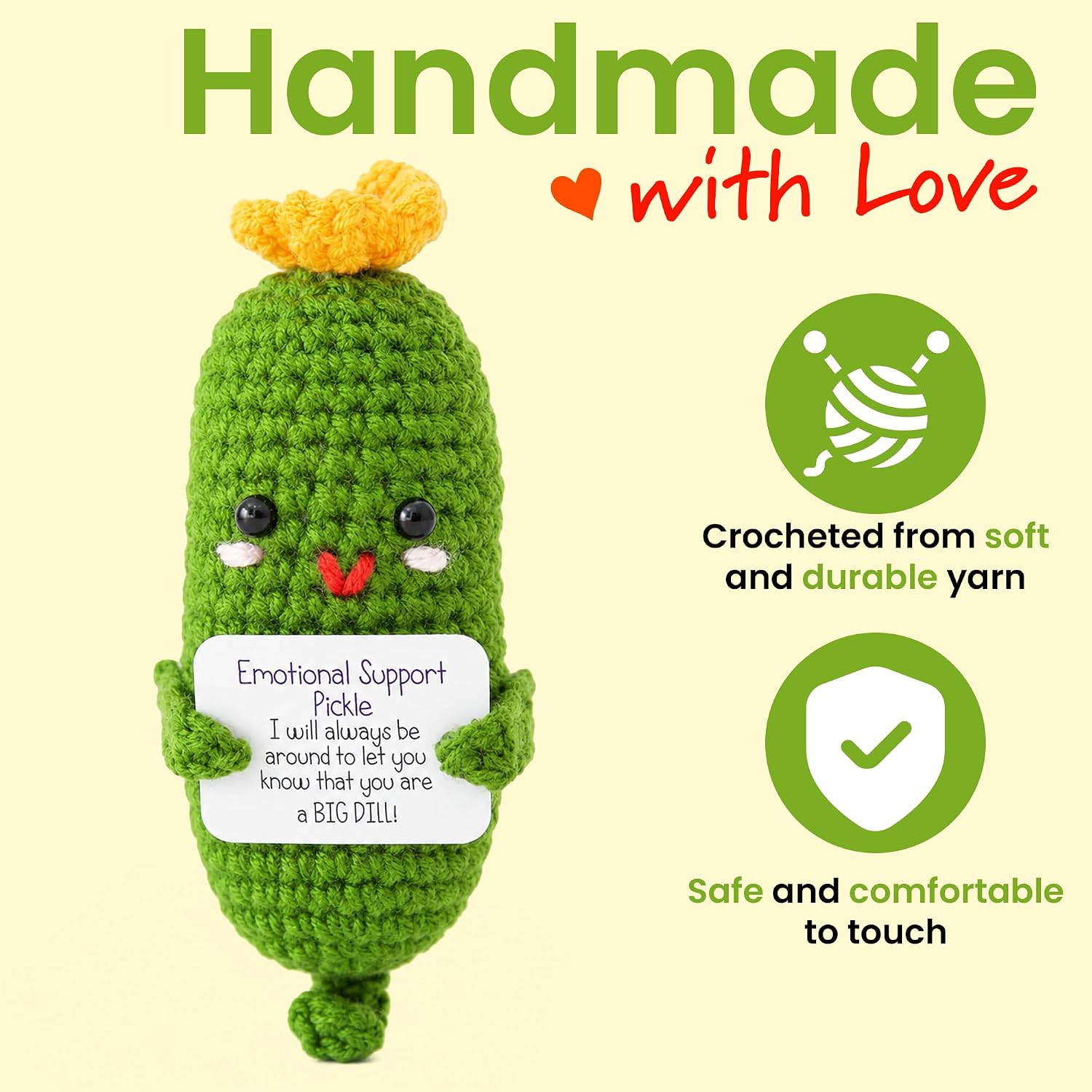Positive Heart Pickle - Emotional Support Crochet Positive Crochet Gift Positive Vegetable Crochet Cute Crochet for Anxiety & Stress Relief (Sunny Positive Pickle)