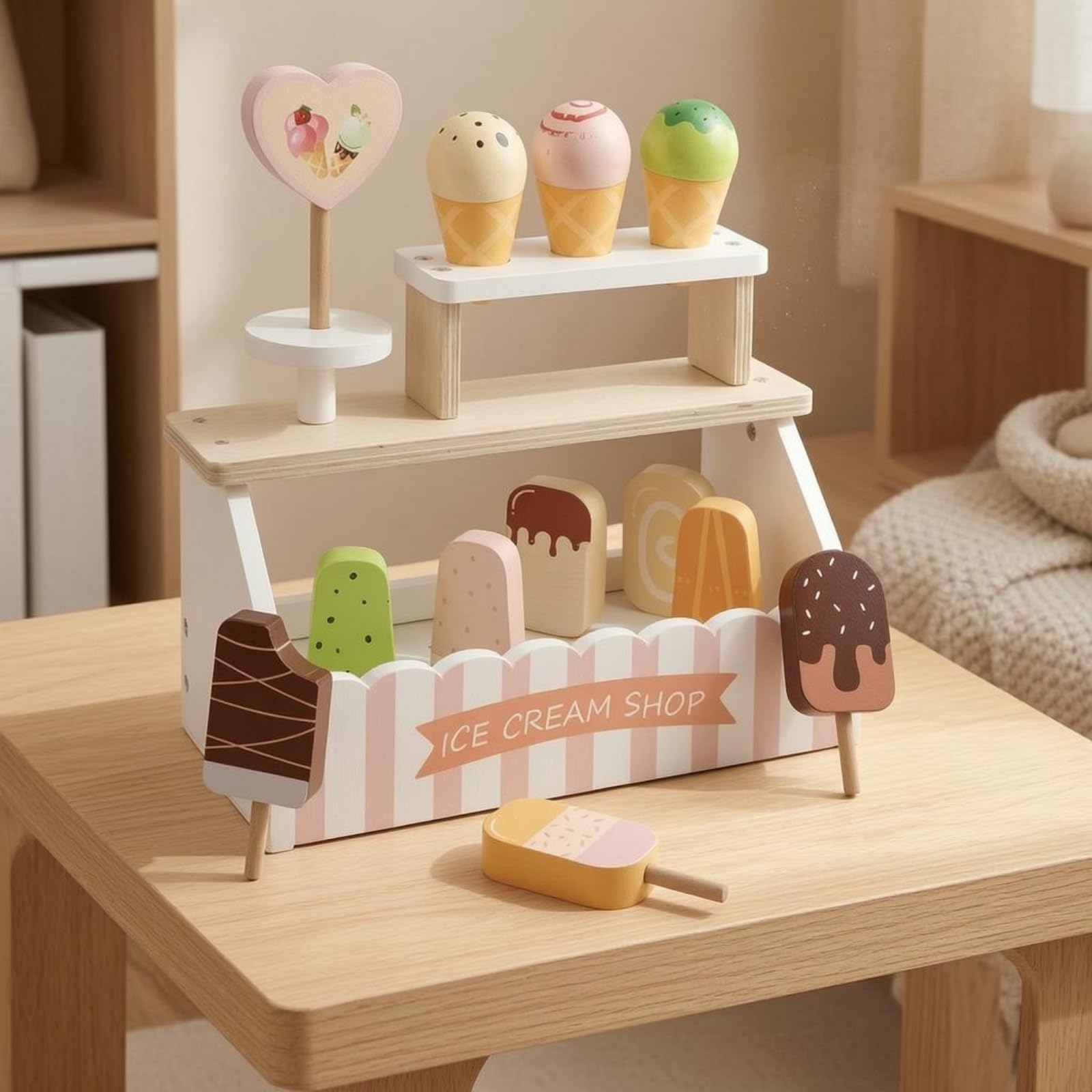Banco Gelateria Bambini Gioco Stand Negozio Banco Vendita Chiosco Gelati Set con Gelati in Legno E Lavagnetta Menu per Interazioni Cliente Adatto per Casa Asilo Regali