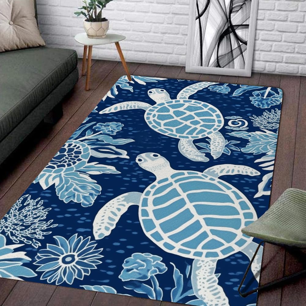 Sea Turtle Ocean Rug - Bedroom, Outdoor Non Slip Rugs - Welcome Sign, Living Room, 2x3, 3x5, 4x6, 5x8ft (Turtle Design, 4 Sizes)