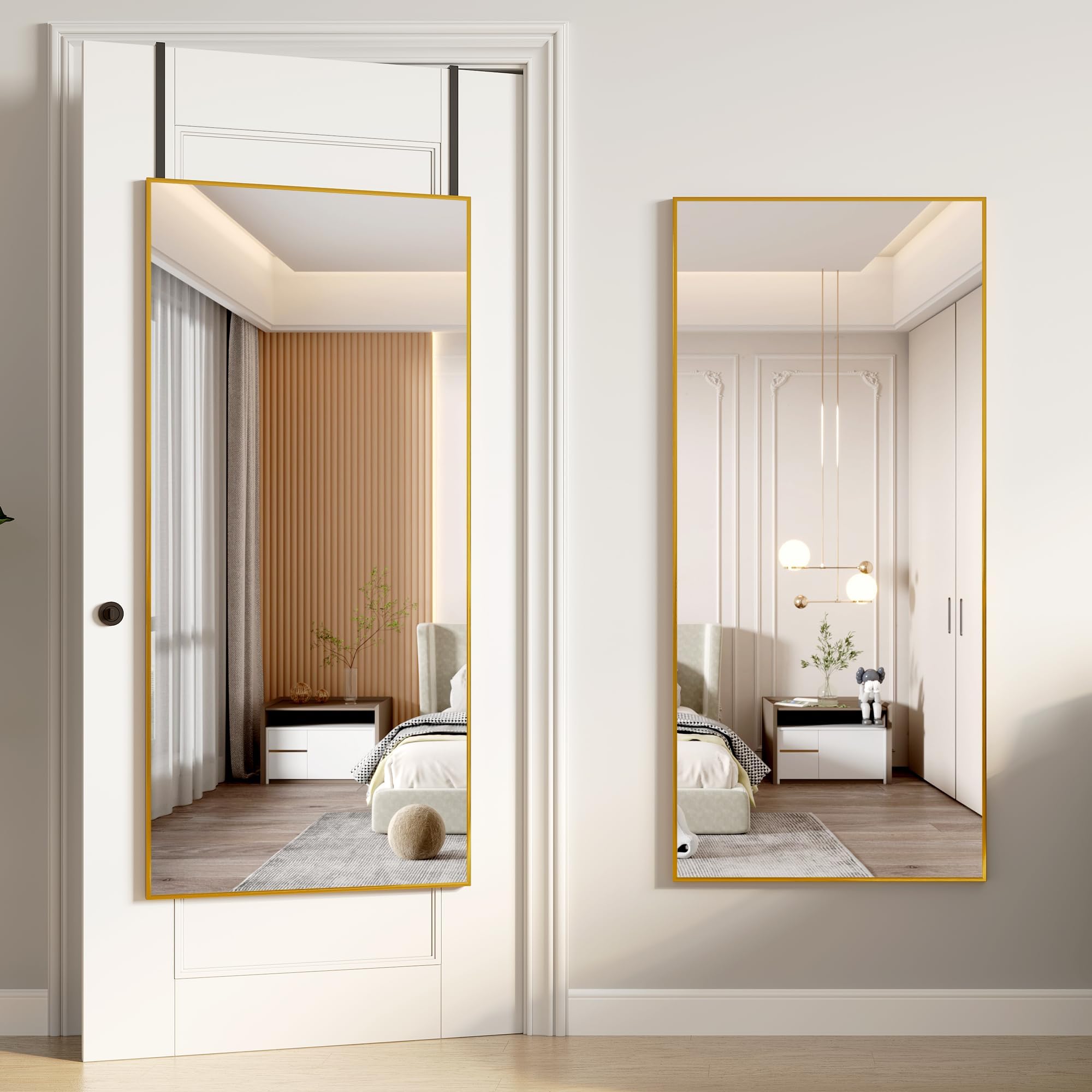 Vlsrka Over The Door Full Length Mirror, Wall Mounted Full Body Mirror, Hanging Mirror for Door, Full Size Rectangle Mirror for Bedroom Living Room, 47"x22" - Gold