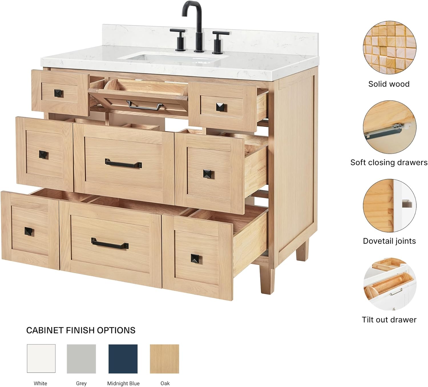 ARIEL Monroe 42-inch Bathroom Vanity with Sink,Solid Wood, 1.5-inch Carrara White Quartz Countertop & Backsplash, Single Oval Porcelain Sink, 9 Dovetail Drawers, Matte Black, White Oak