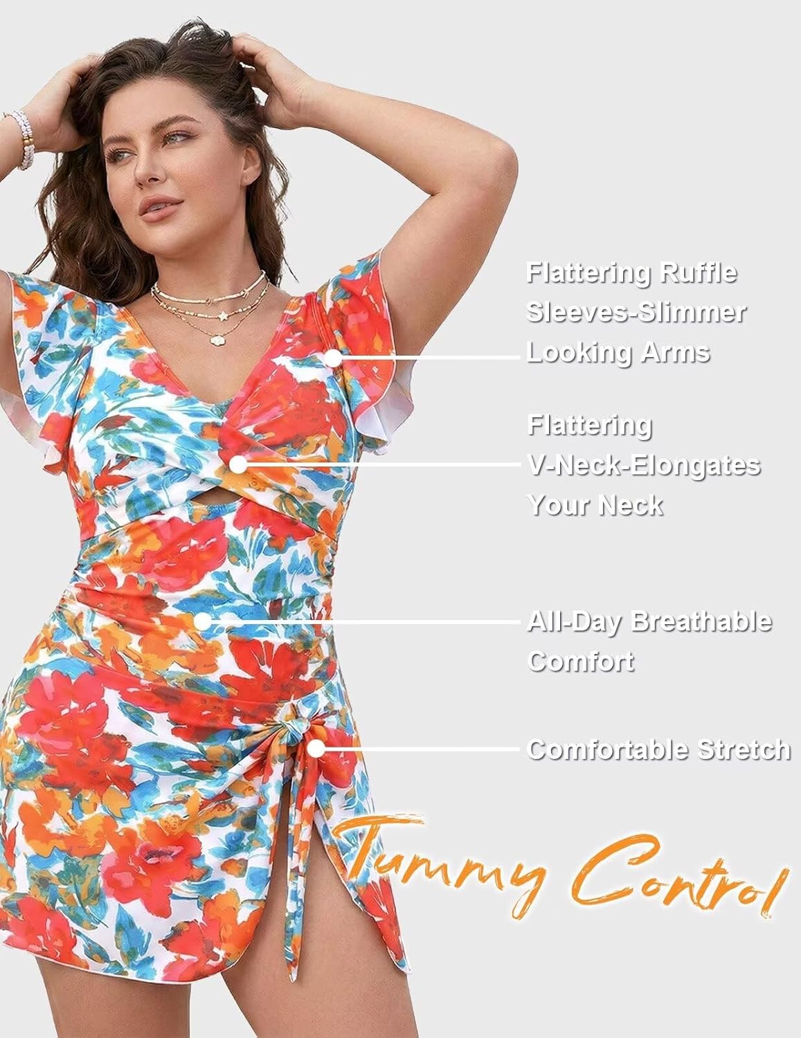 Women's One Piece Swimdress Swimsuit Tummy Control Ruffle Swim Dress Skirt Criss Cross Tie Back Bathing Suit