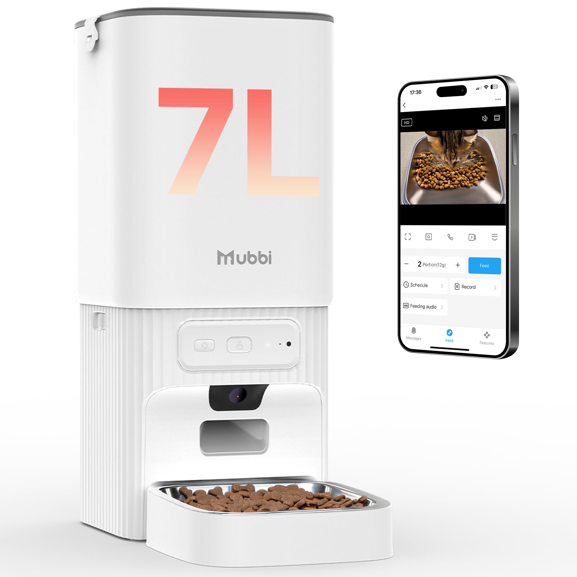 Automatic Cat Feeder with Camera, 5G WiFi Automatic Dog Feeder, 7L Cat Food Dispenser with Night Vision, 1-15 Meals, 1-99 Portions, 2-Way Audio, Jam Free, Ideal for Multiple Pets