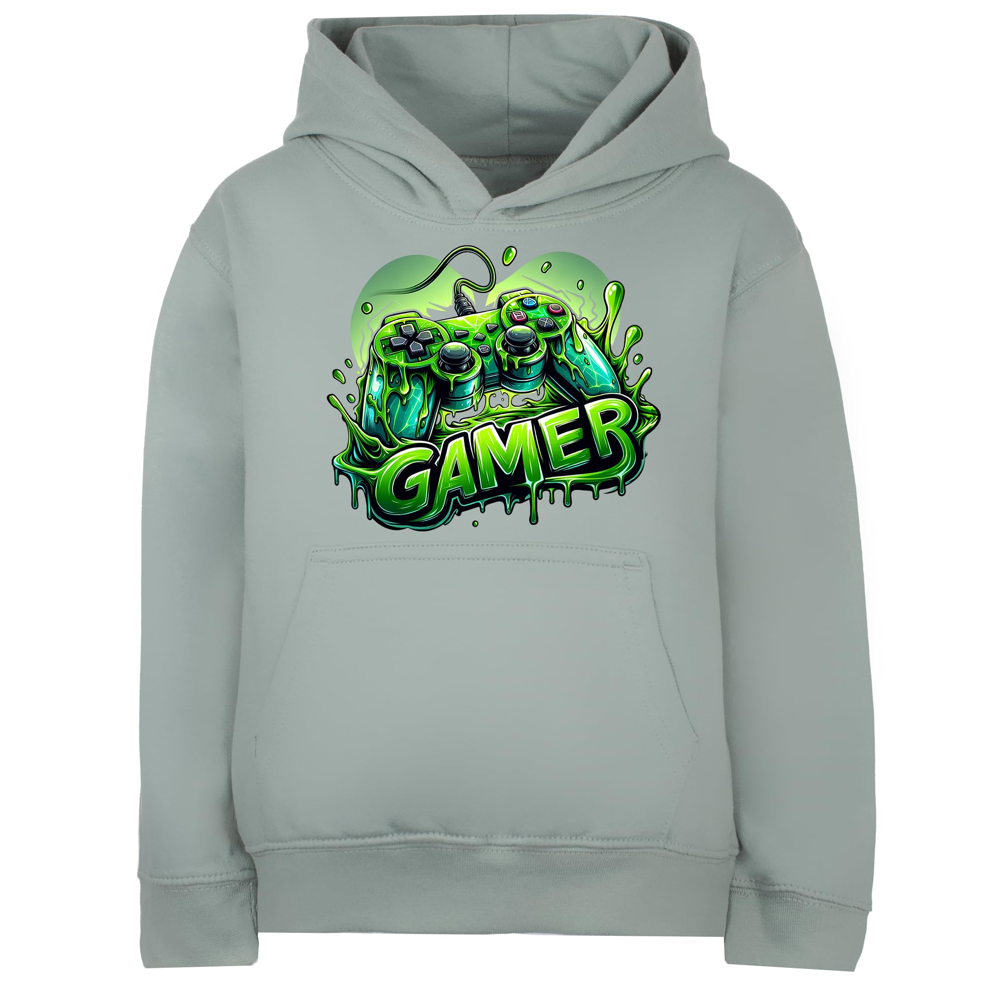 Fringoo Gamer Hoodie for Boys Cotton Rich Soft Hooded Sweatshirt for Boys Gaming Pullover Jumper with Kangaroo Pocket Age 5-13 (UK, Age, 12 Years, 13 Years, Regular, GREEN - Gamer Green)