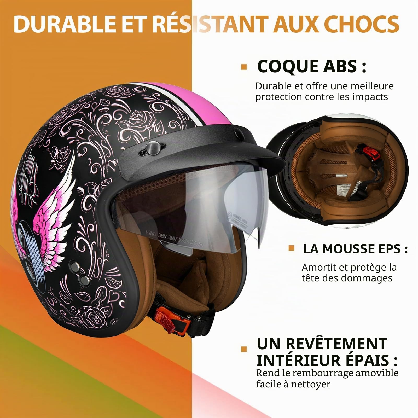 Casque Moto Jet ECE Homologué, Casque Femme Scooter Ouvert Adulte Vintage Visière, Casque Jet Ouvert Scooter (Wind Fire Wheel, M)