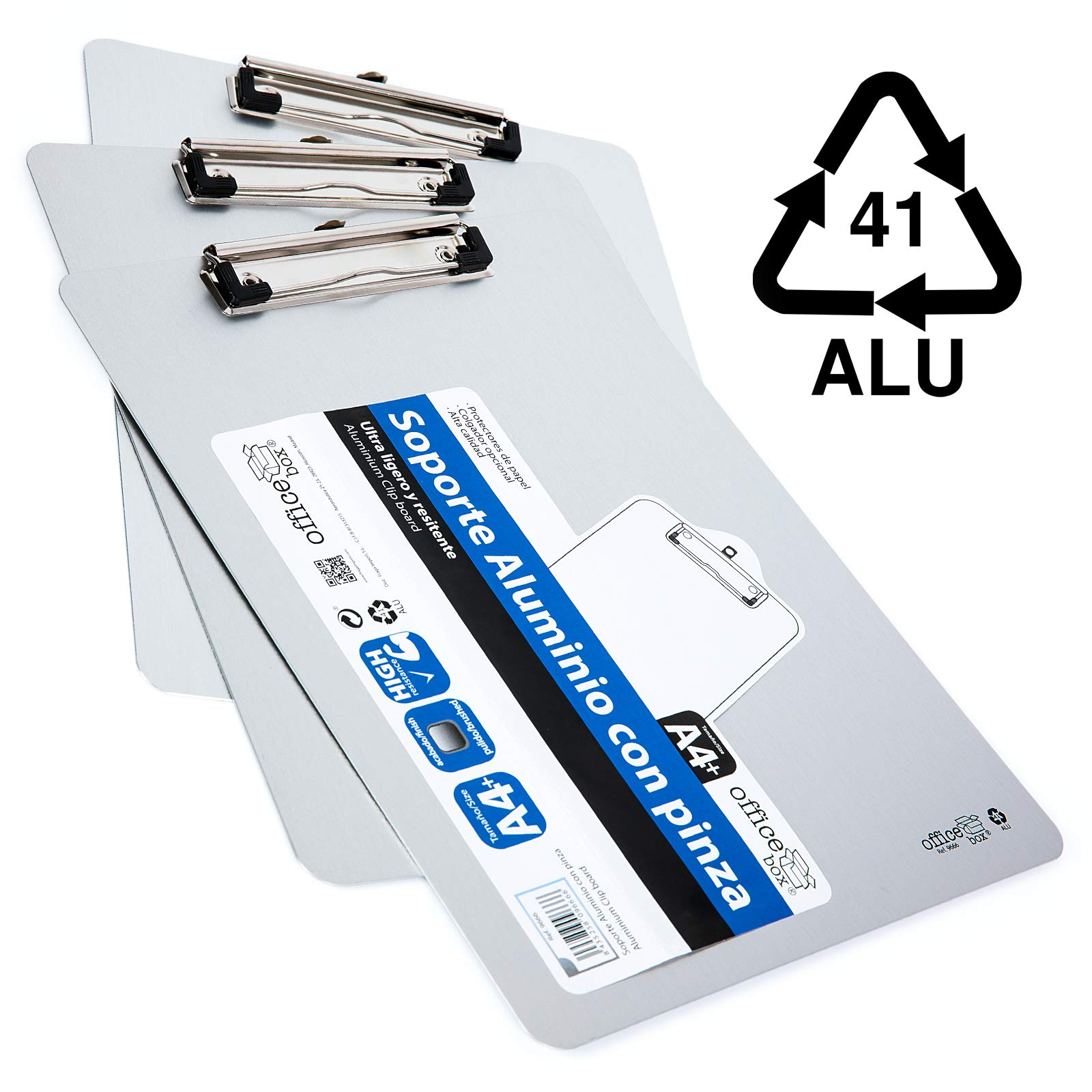 Pack 3 Soportes de Aluminio A4 de Gran Rigidez con Pinza Portapapeles en Aluminio Sólido con protectores de papel y colgador retráctil.