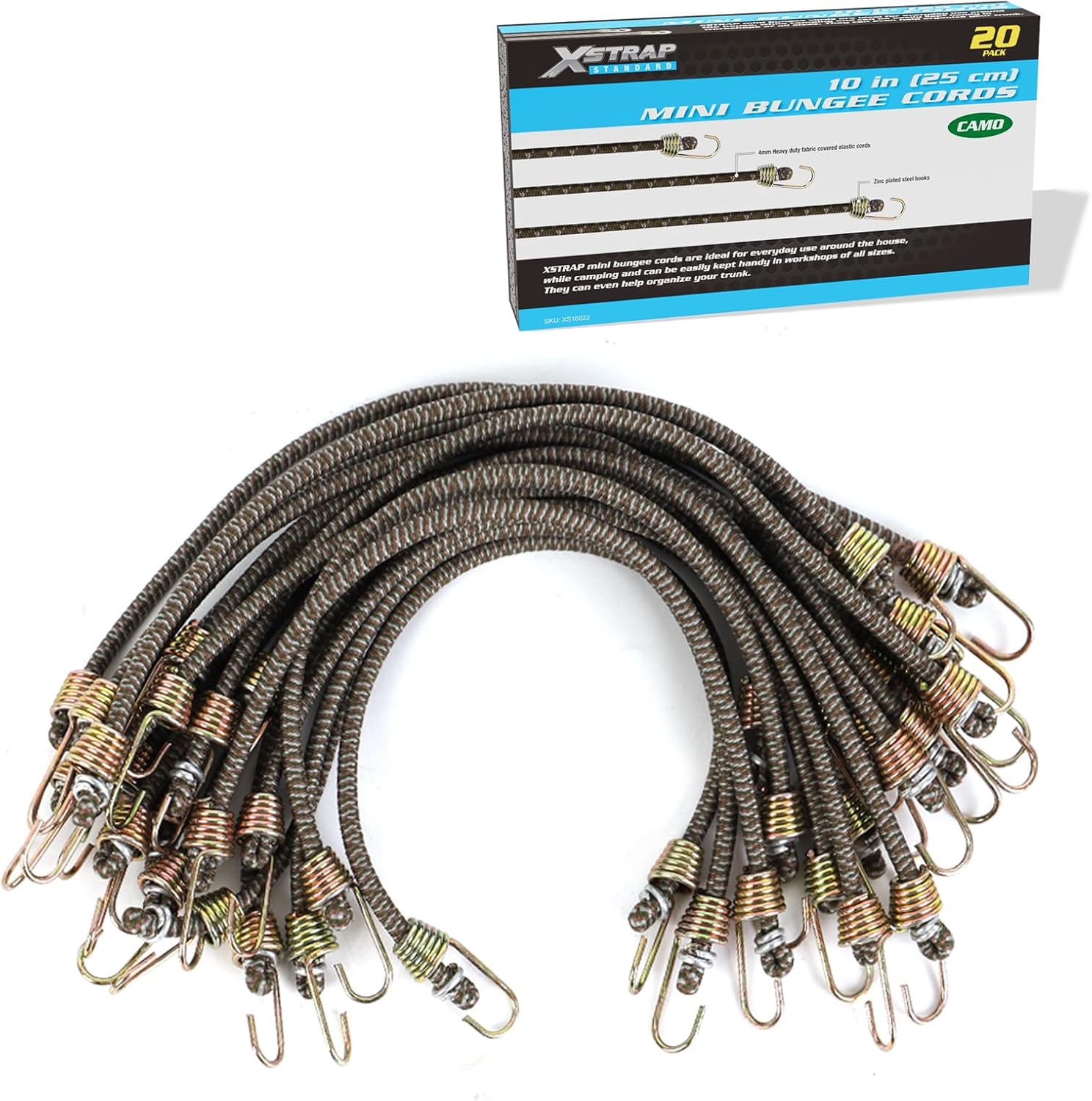 XSTRAP STANDARD 20 Pack Mini Bungee Cords with Hooks, 10 Inch Rubber Stretchy Bungee Cords for Camping, Tools, Tarp Covers, Canvas Canopies, and Cargo (Camouflage), Hang Christmas Ornaments