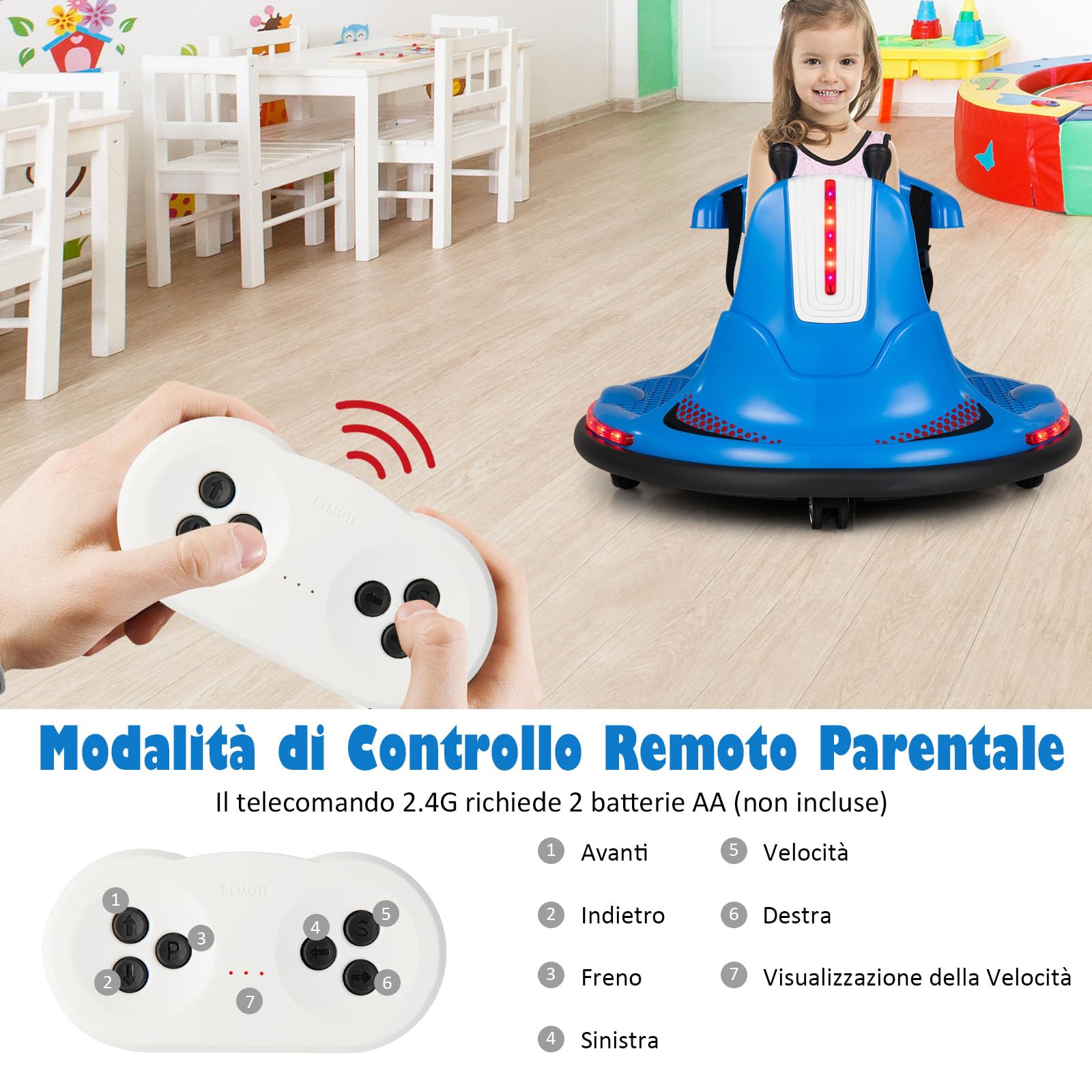RELAX4LIFE Autoscontro Elettrico per Bambini da 6V con Telecomando, Musica, 3-6KM/H, Cintura Regolabile, Luci LED, 360 Gradi, Funzione di Avvio Lento, Portata 25KG,3-7 Anni (BLU)