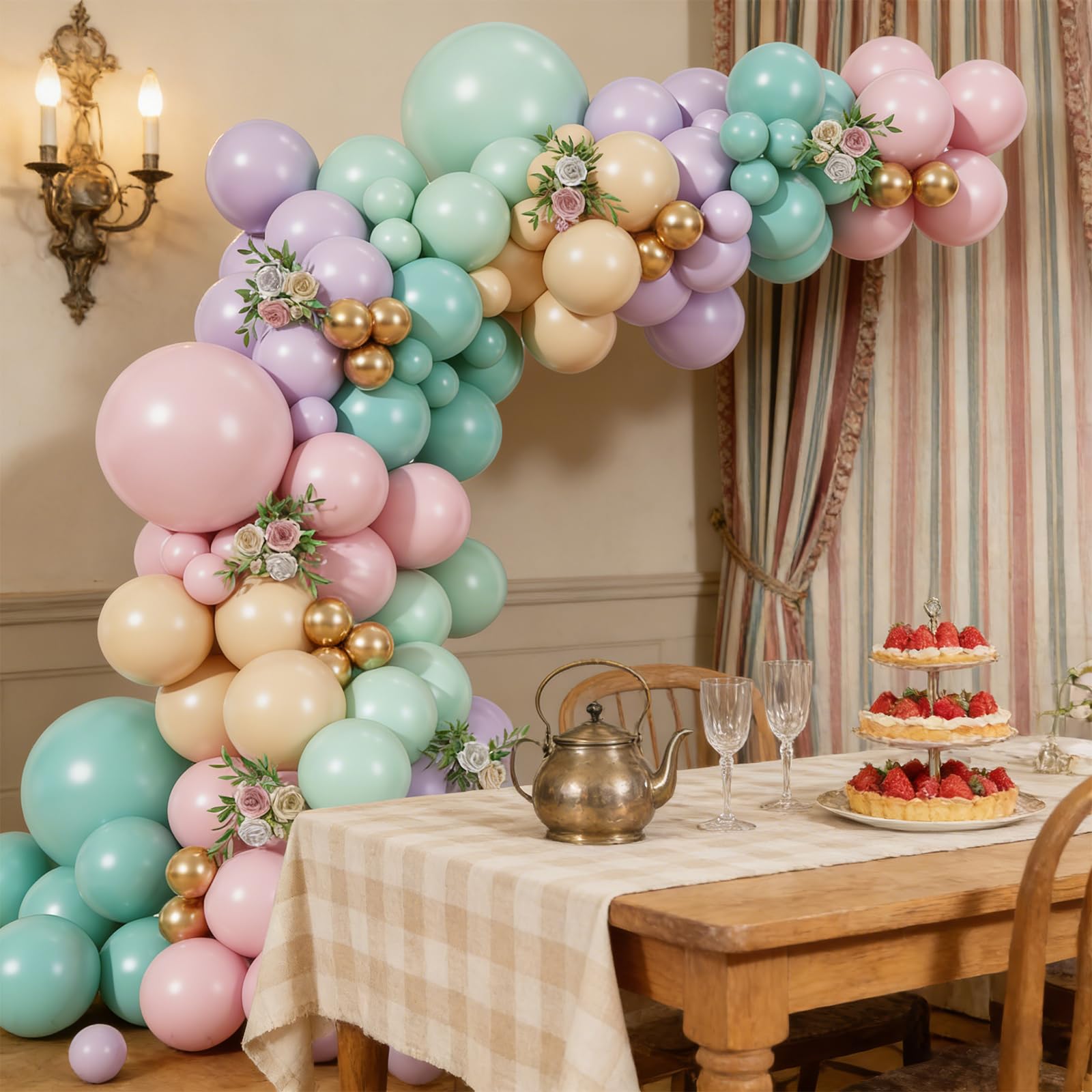 Zestaw girlandy z łukiem balonowym, pastelowa, zielona, różowa i fioletowa, 164 szt., dekoracje na imprezę herbacianą dla dziewcząt, bajki, urodziny, wieczór panieński, baby shower, wiosna, ogród