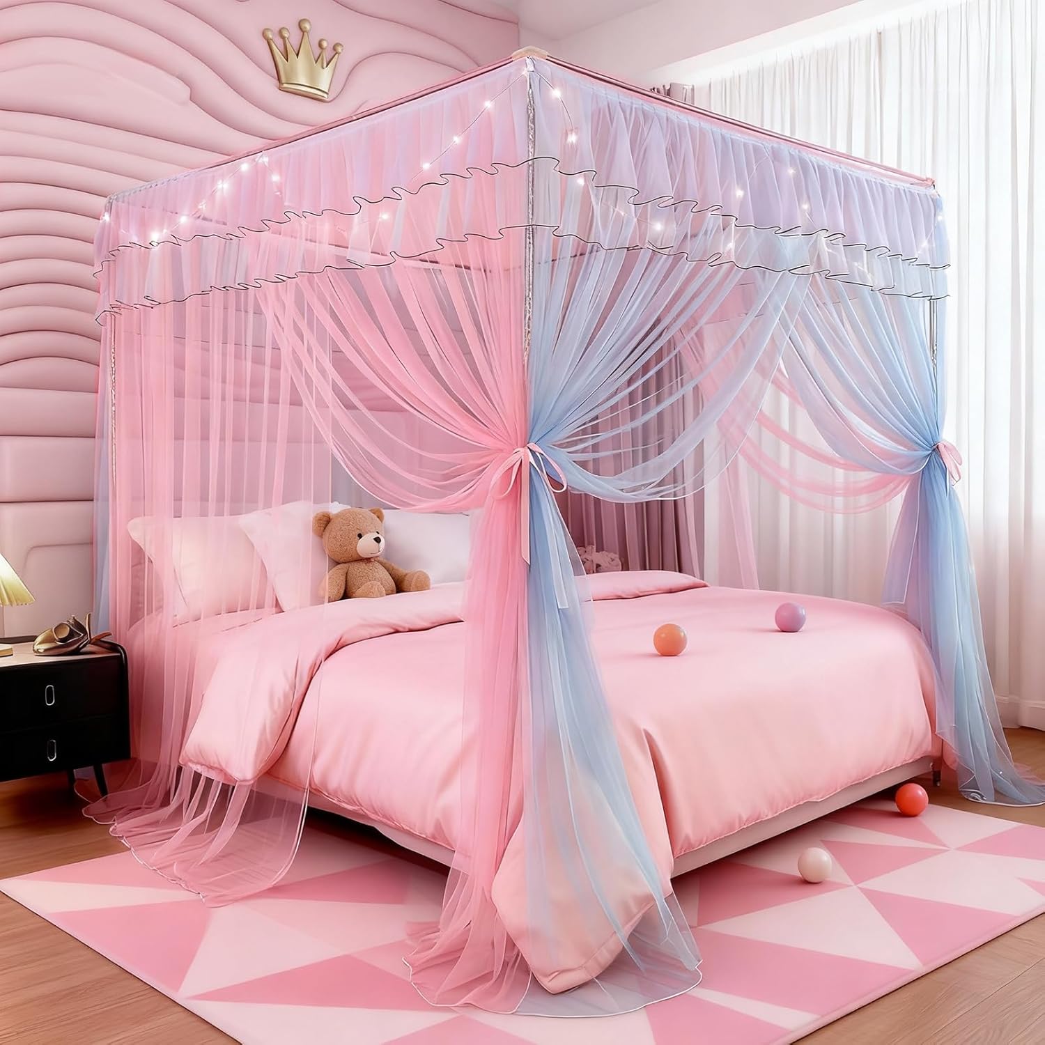 Full Size Bed Canopy with Lights, Bed Canopy for Girls Princess with Luminous Stars, Canopy Bed Curtains for Full Bed Kids Indoor Decor Bedroom, 4 Corner Post Bunk Bed for Student Dormitory, Blue&Pink