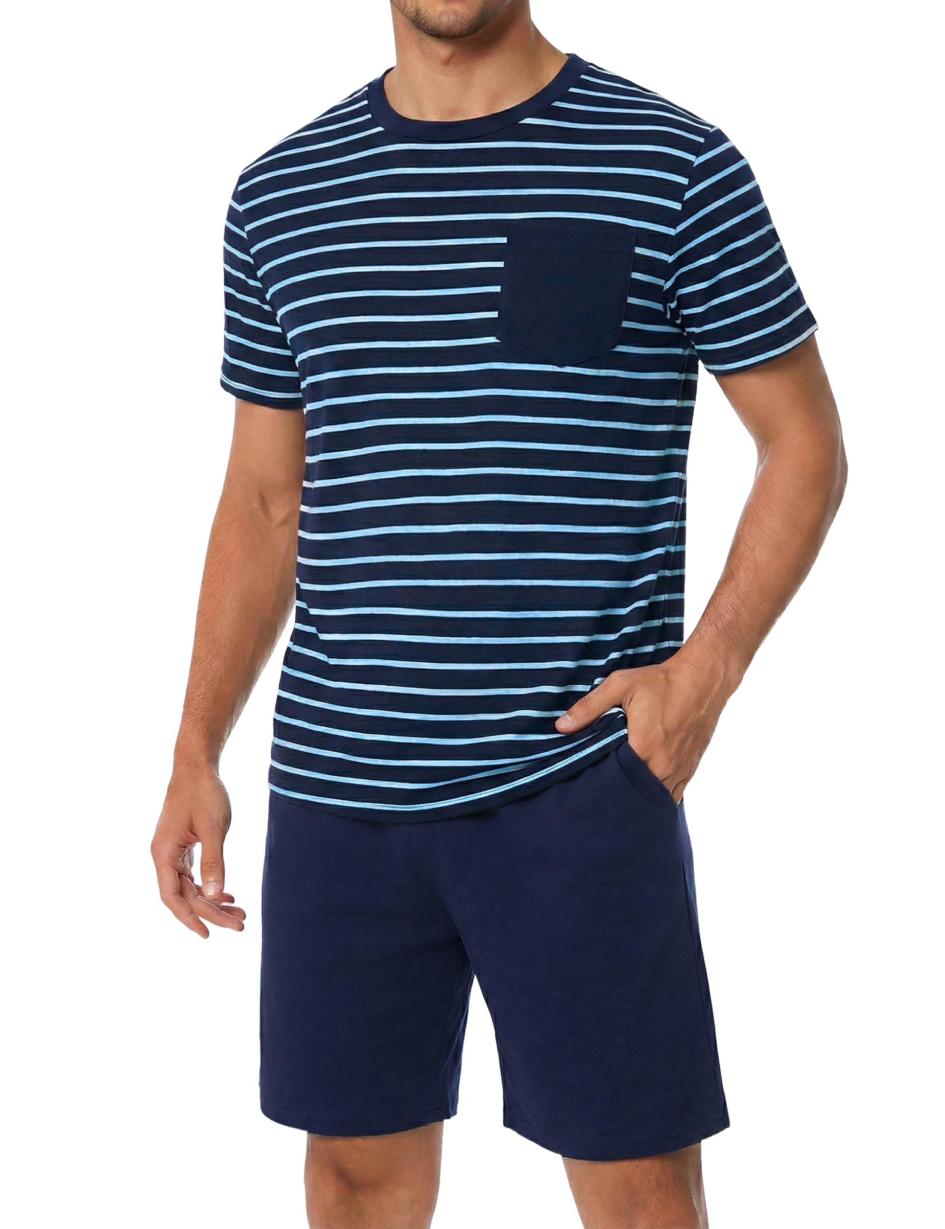 Bresdk Schlafanzug Herren Kurz Baumwolle Sommer Zweiteiler Pyjama Set mit Kontraststreifen Nachtwäsche Kurzarm für Männer S-3XL