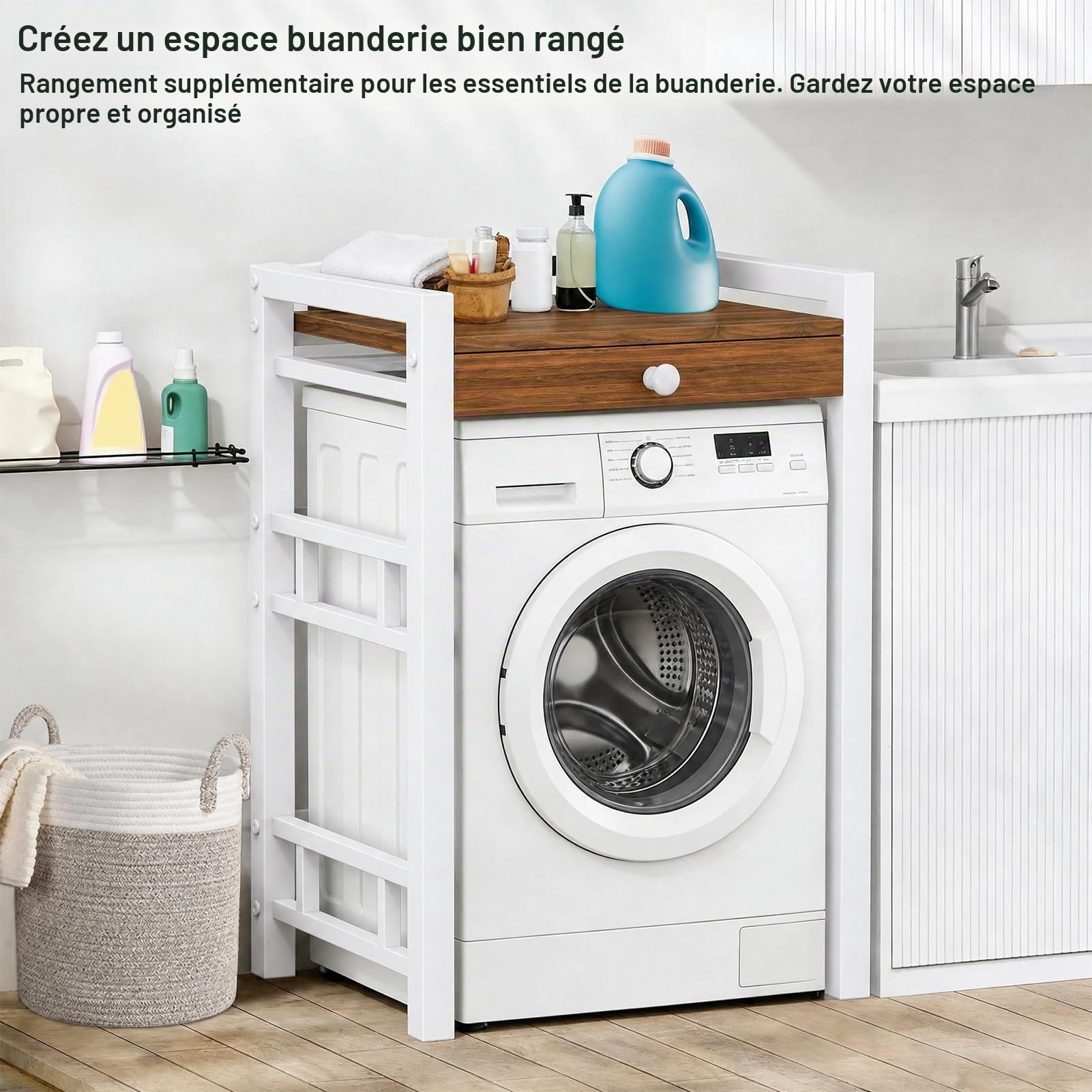 Meuble Machine à Laver, Meuble Lave Linge Seche Linge Superposé, Etagere Machine a Laver, Sans perçage, réglable en Hauteur, Armoire en Bois et MéTal, Capacité de Charge de 350 Kg (Blanc-Étagère)