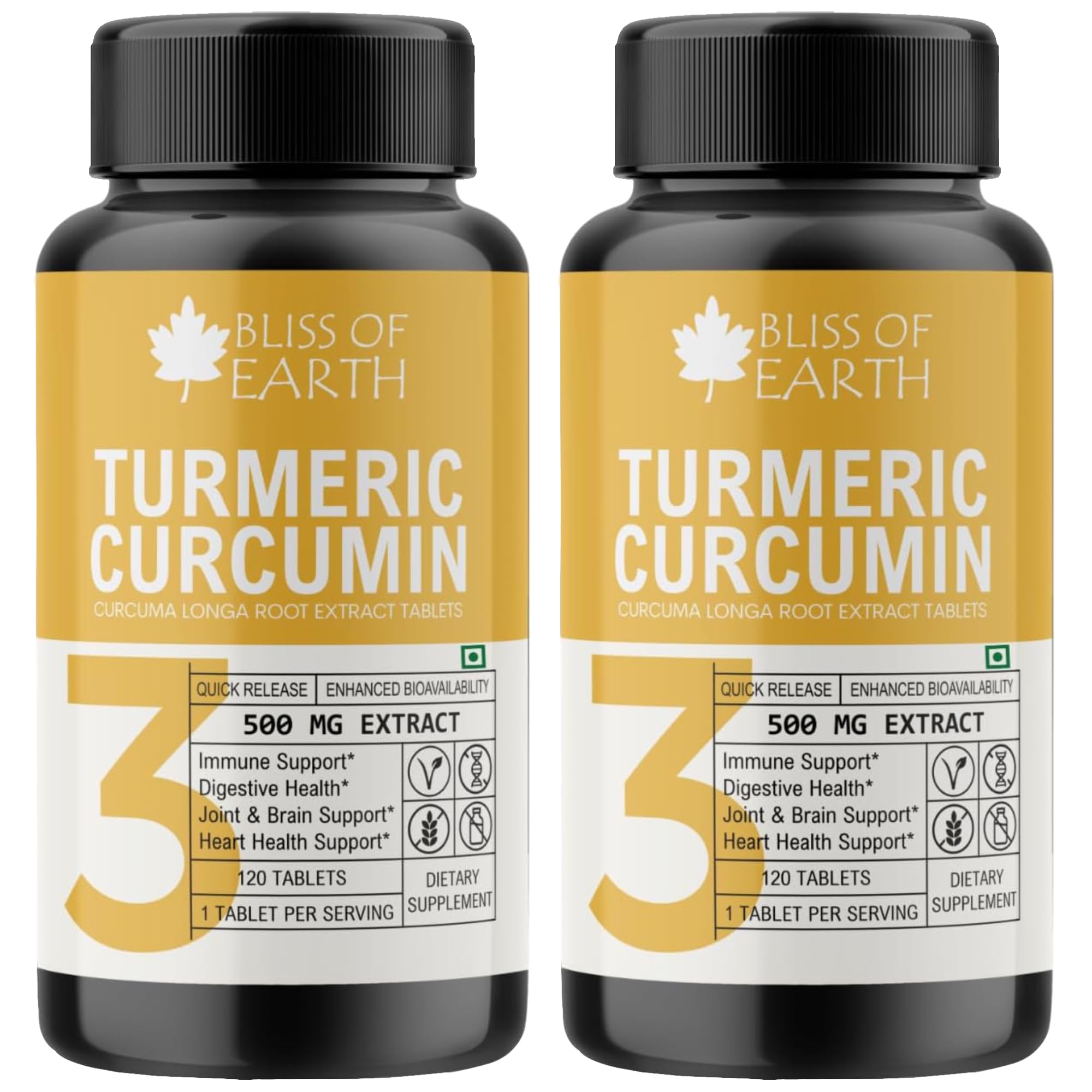 BLISS OF EARTHHigh Potency Turmeric Curcumin Extract Tablets 500mg With Quick Release & Enhanced Bioavailability & Healthy Inflammatory Support, Non GMO & Gluten Free,120 Tablets (Pack of 2)