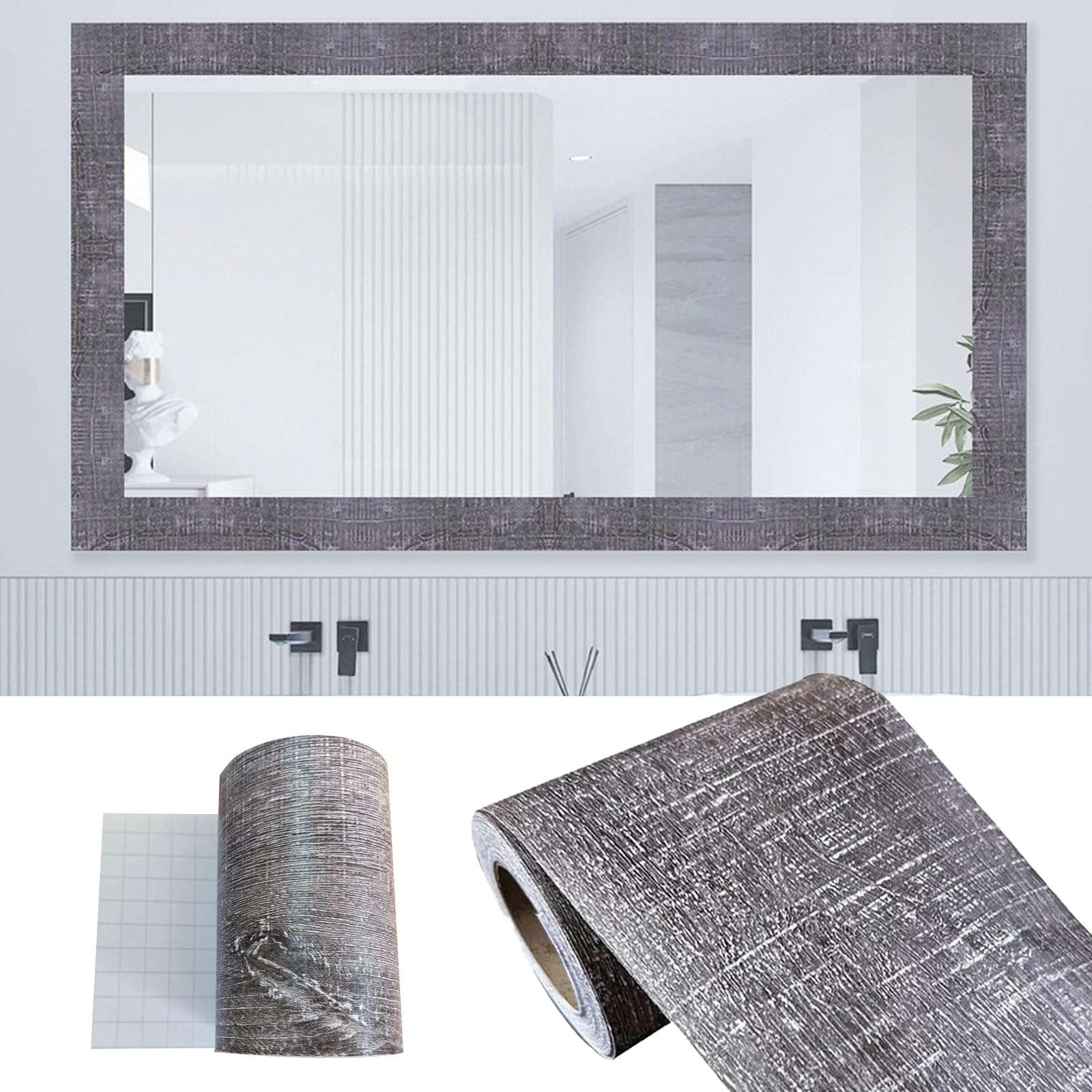 STAMINATE 32.8Ft Gray Wood Grain PVC Wallpaper Border, Removable Waterproof Mirror Border Peel and Stick,Bathroom Mirror Frame Border (1.97inch)