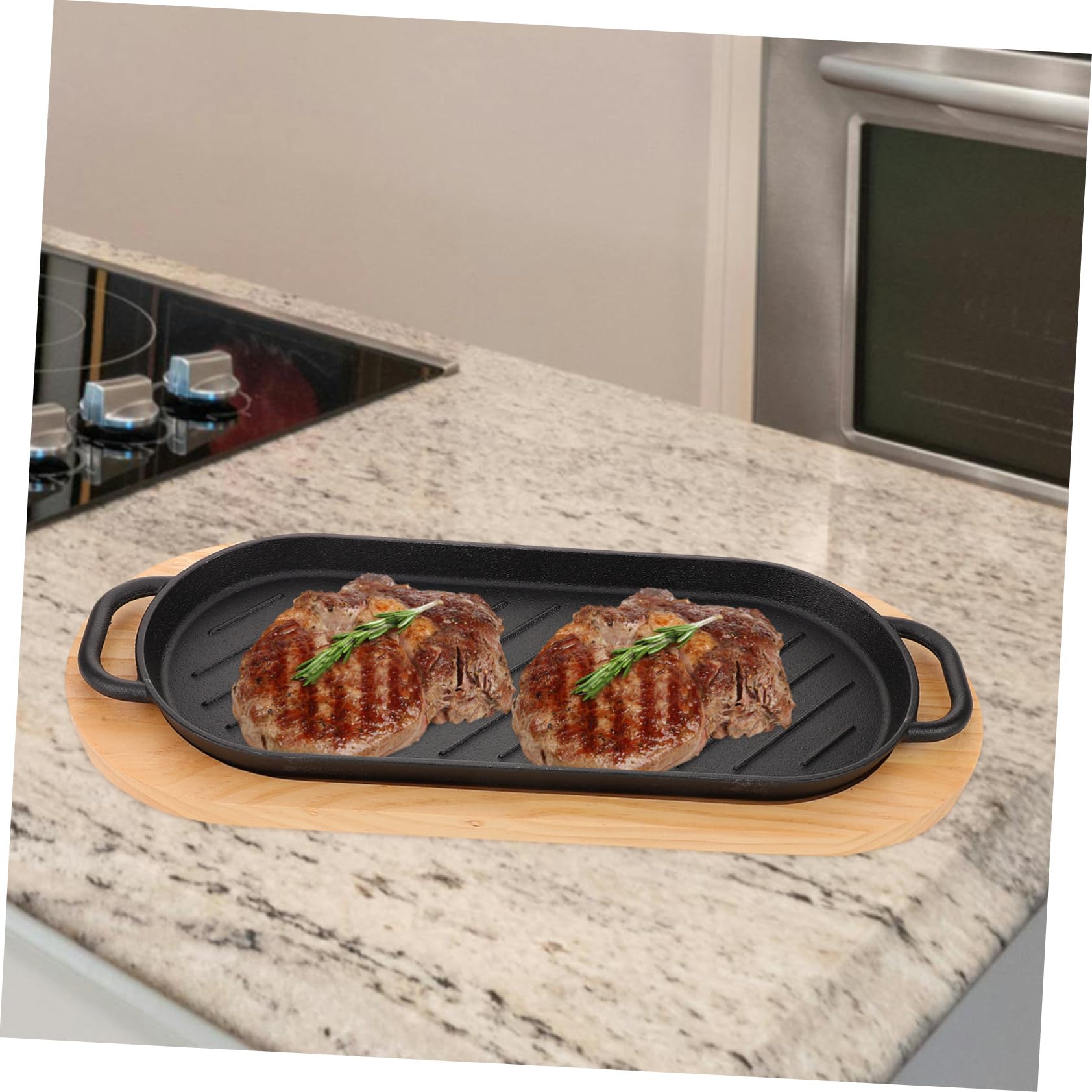 Piastra Bistecchiera in Ghisa Senza Sbavature, Facile da Pulire, per Barbecue e Uso Quotidiano, Set con Doppia Maniglia e Base in Legno