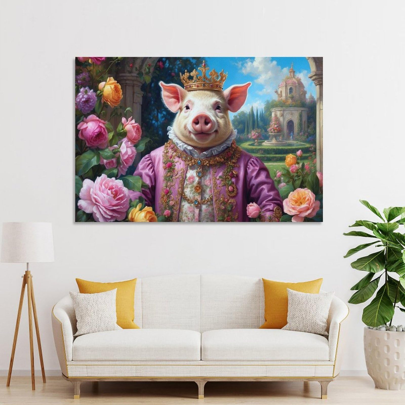 Junmoney Unframe-Style-8-1 Regal Pig In Garden Setting Hanging Wall Art 20X30inch(50X75cm), For Bedroom Walls, Guest Spaces Or Lounges, Home Artwork With A Soft Interior Feel