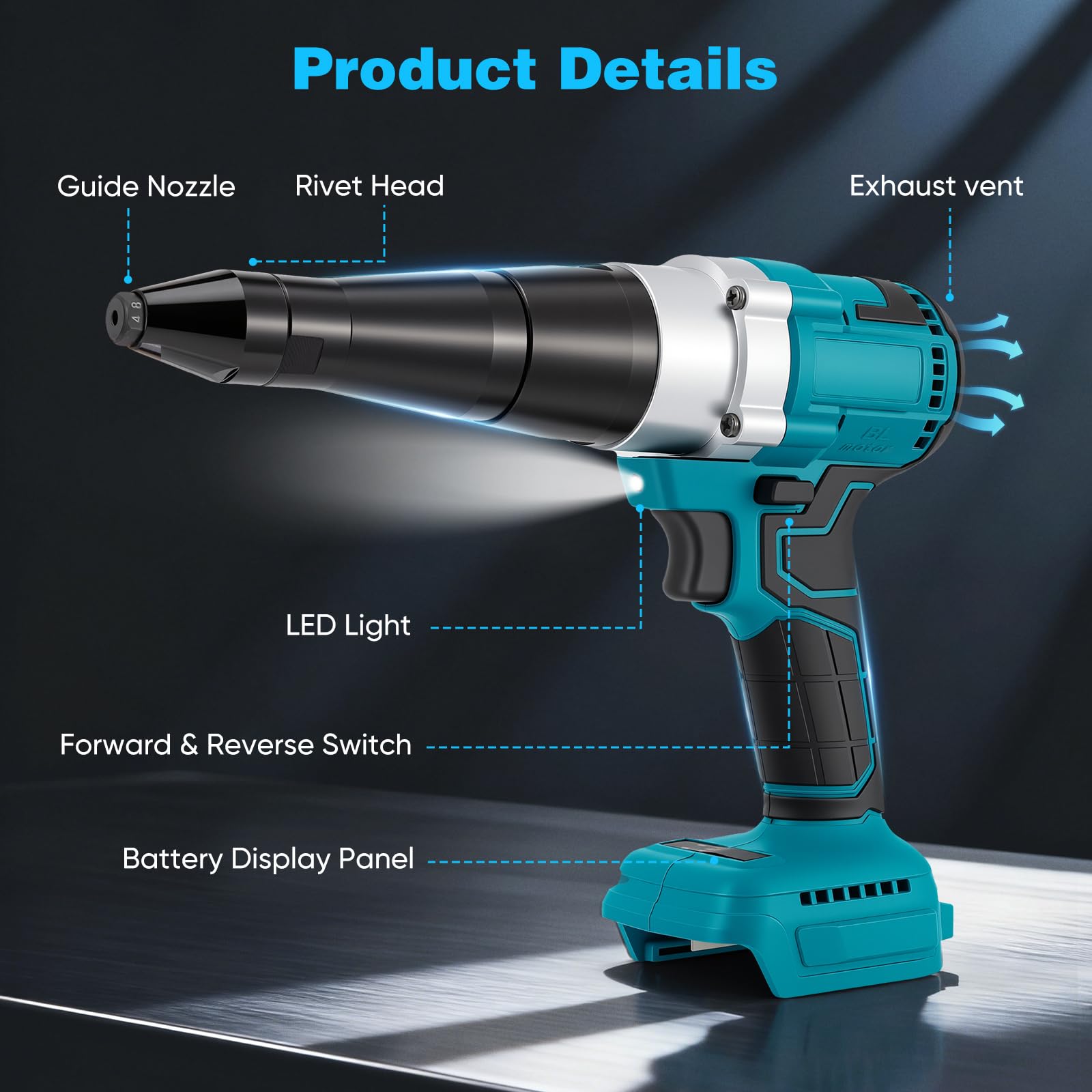 Rivettatore a batteria compatibile con Makita da 18 V, rivettatore a batteria con motore brushless, 3 ugelli per rivetti in alluminio e acciaio inox da 2,4 – 5,0 mm, con lampada a LED