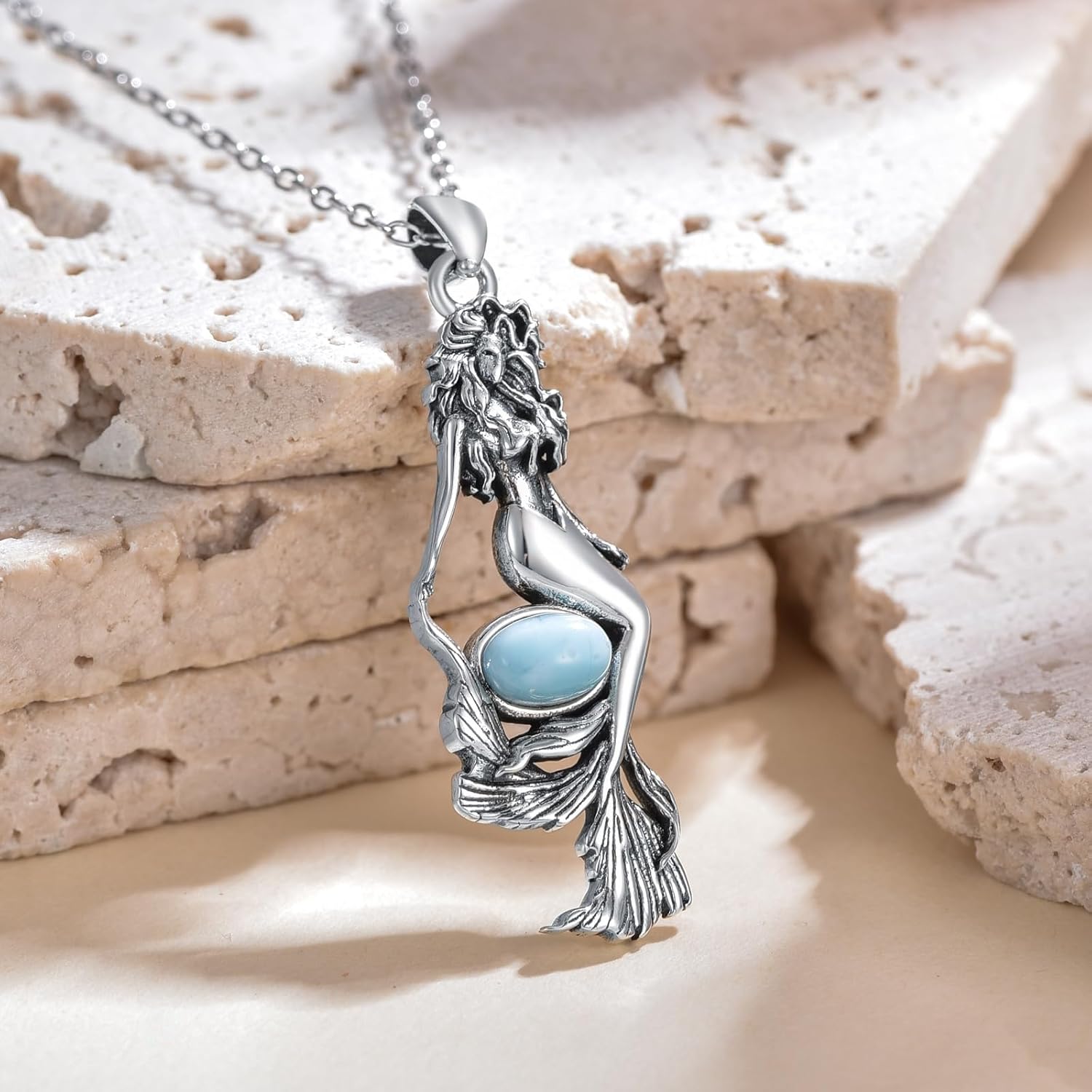 Mermaid Necklace 925 Sterling Silver Real Blue Larimar Gemstone Mermaid Pendant Ocean Beach Theme Jewelry Gift for Women - Image 2