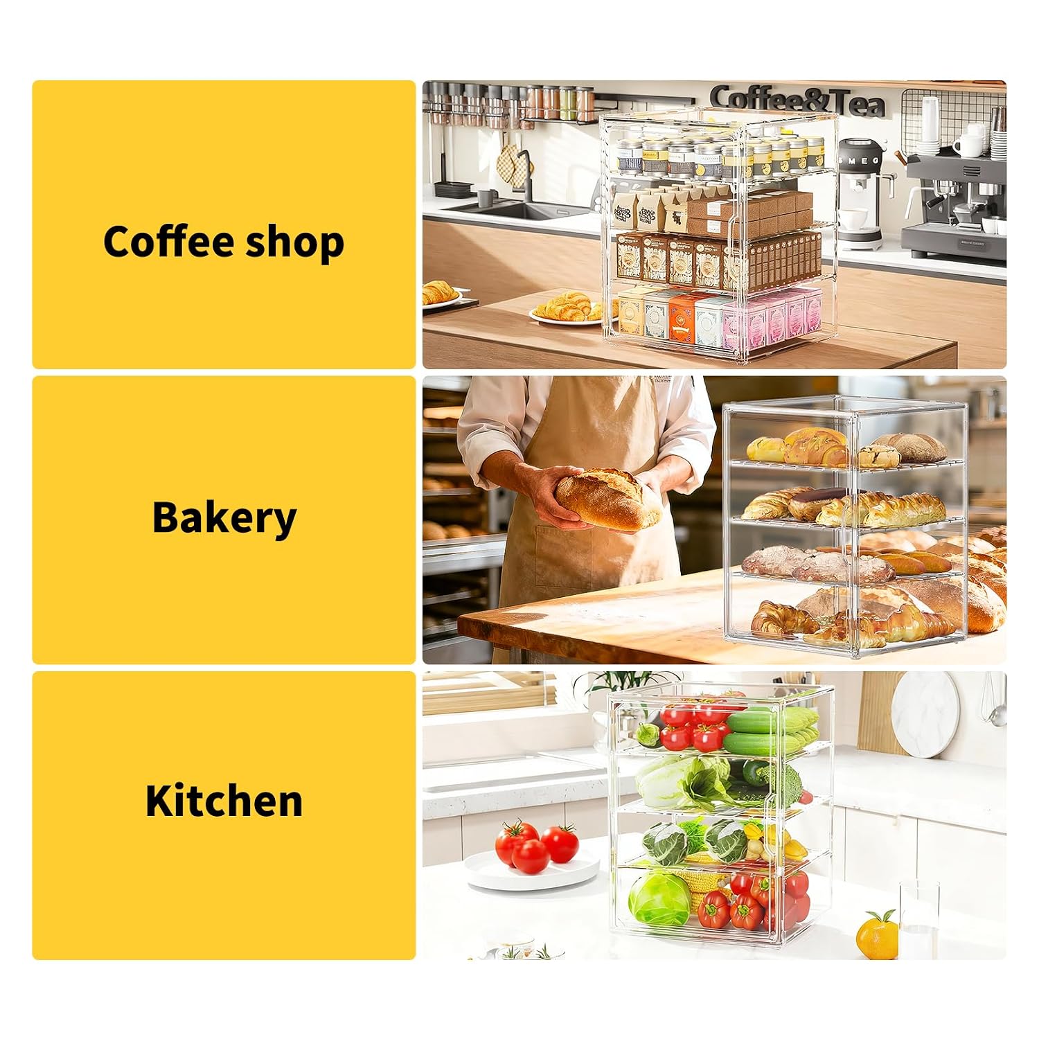 Bread Box for Kitchen Countertop, 4 Layers Pastry Display Case with Magnetic Door, Adjustable Clear Bread Storage Container for Baked Goods, Cookies