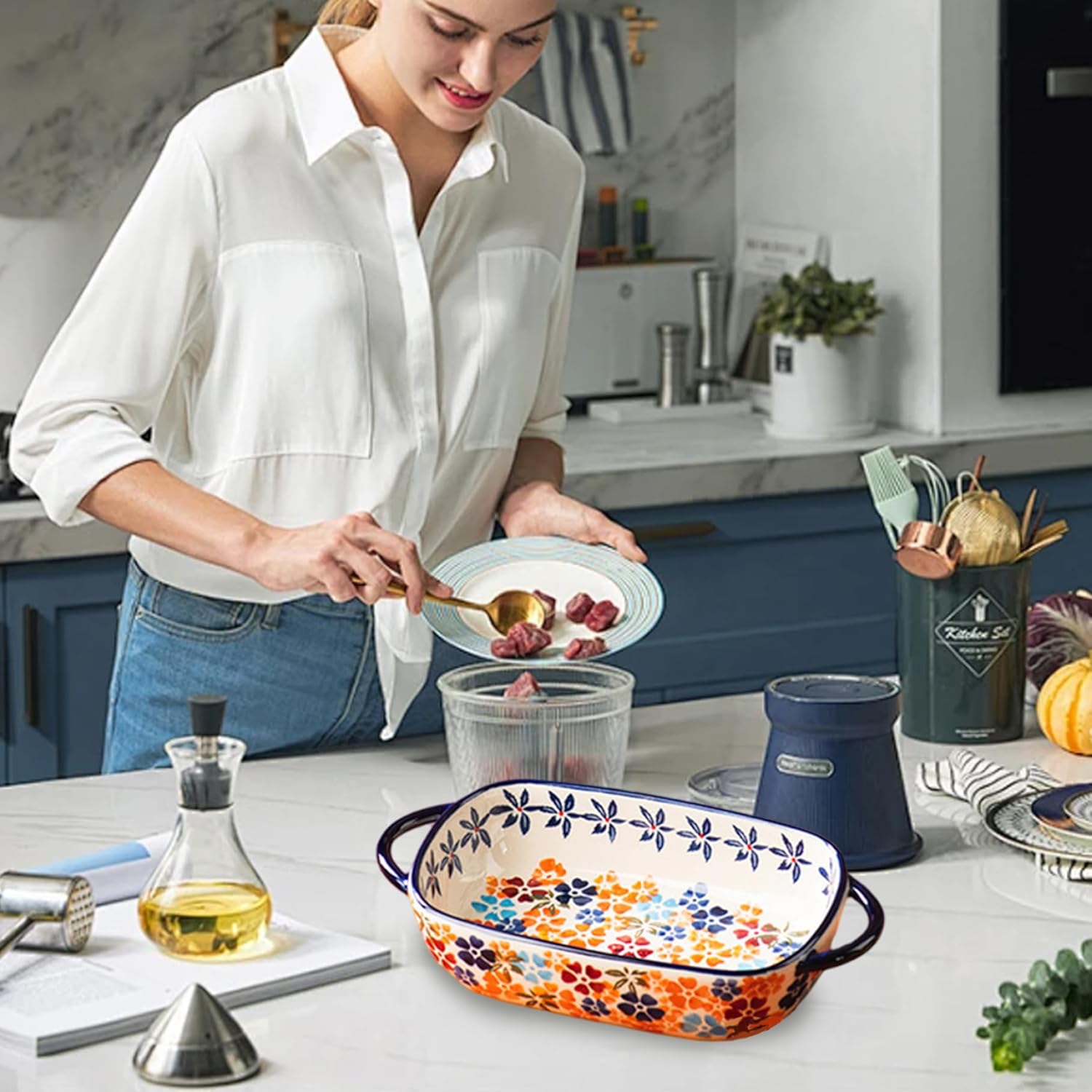 Baking Dishes for Oven Casserole Dishes for Oven, 13x7.5x3 Inch Rectangular Ceramic Baking Dish with Ears Heat Resistant Easy to Clean Pan for Pie