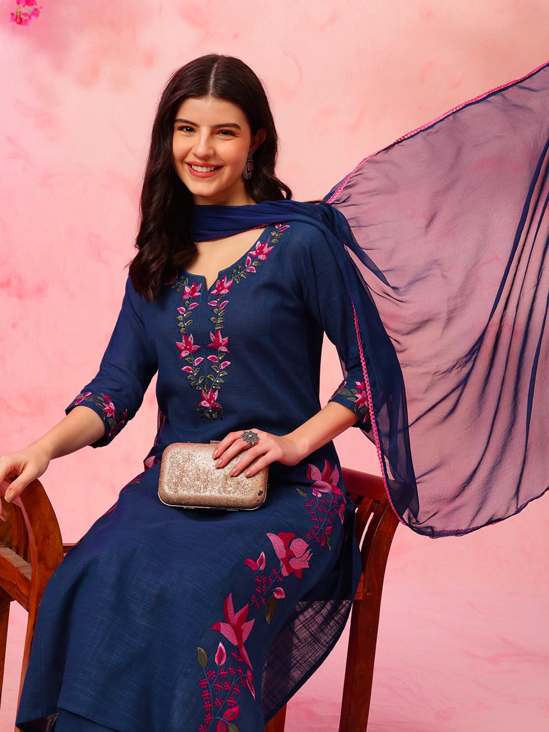 ETHNIFLAIR Women Blue Floral Embroidered Regular Aari Work Pure Cotton Kurta with Pant & Dupatta Set 3