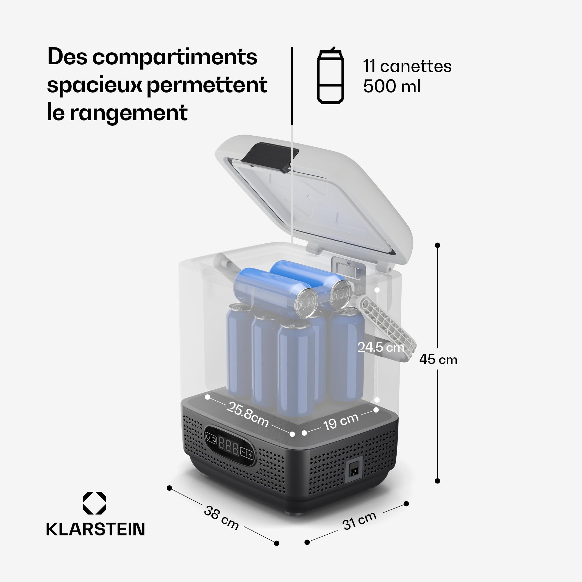 KLARSTEIN Mini Frigo Glacière Électrique Portable 12L SwiftFrost - Grand Écran LCD, Compresseur Puissant, Design Mobile Antichoc, Alimentation Polyvalente, Accessoires Inclus, blanc