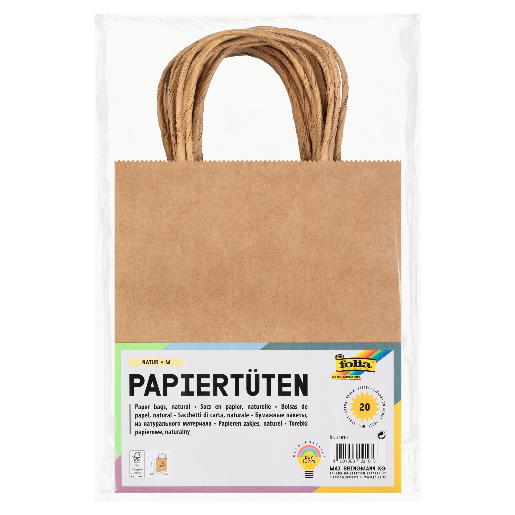 Folia Papiertüten Geschenkverpackungen 18 x 8 x 21 cm, natur, 20 Stück