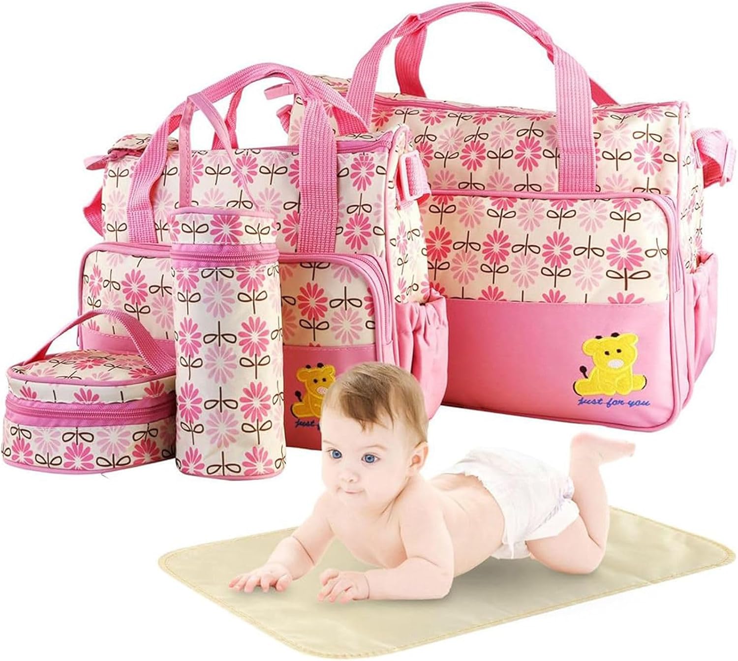 5Pcs Diaper Bag Tote Set,Large Mommy Bag with Portable Nappy Changing Pad,Pacifier Case,Travel Baby Bags for Mom