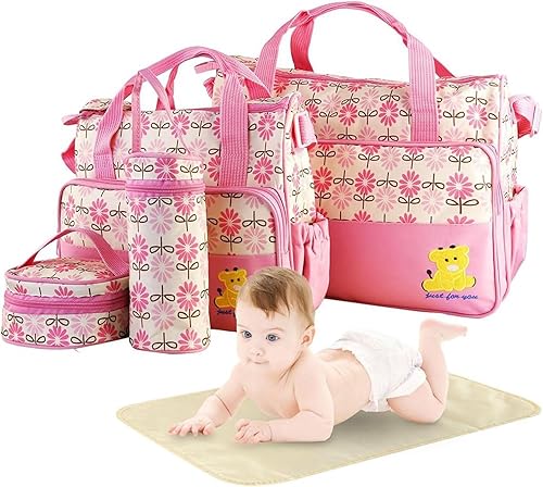 Miniatura 11 de Juego de 5 bolsas de pañales, bolsa grande para mamá con cambiador de pañales portátil, funda para chupete, bolsas de viaje para bebé para mamá