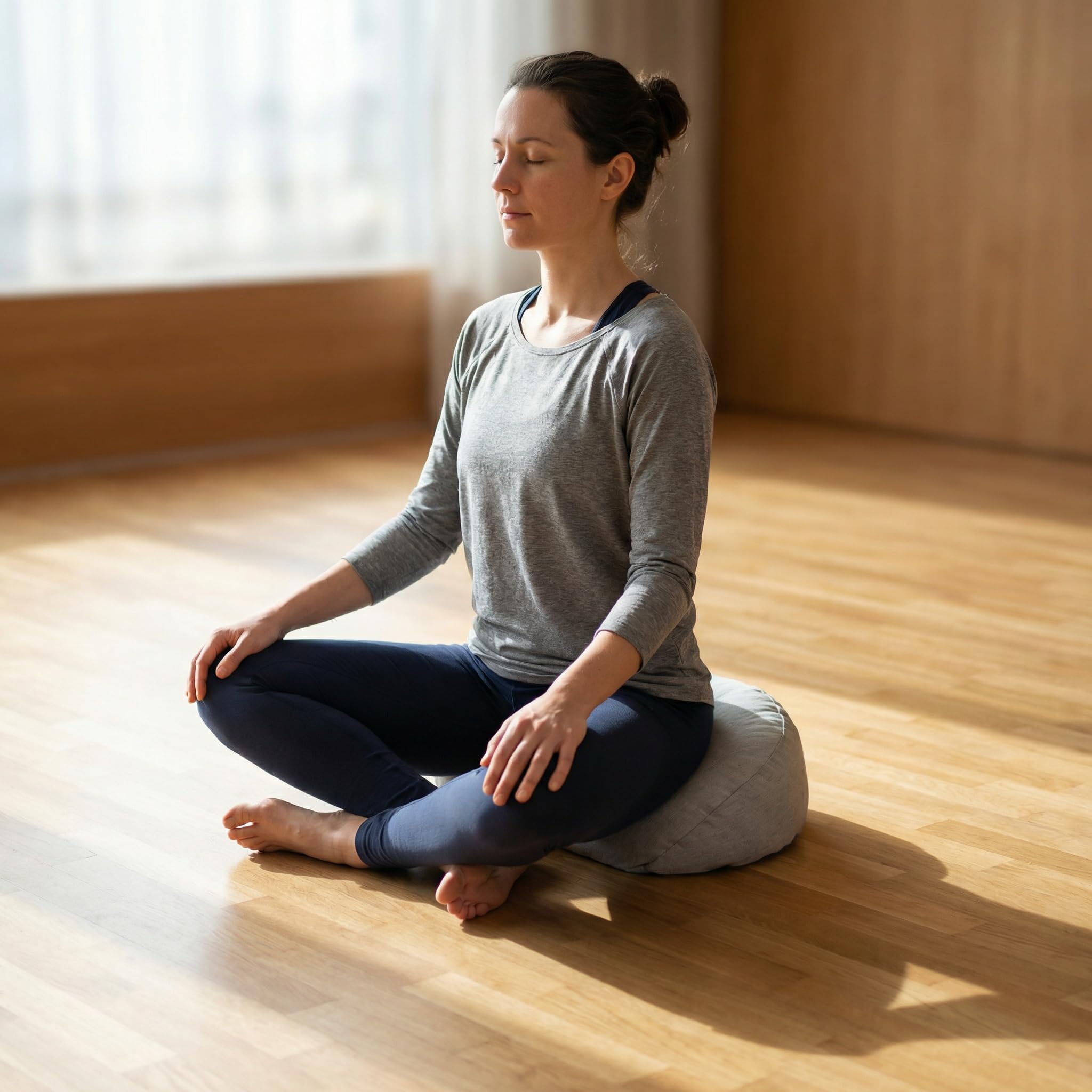 Zafú Media Luna para Yoga, Cojín de Meditación – Sand | Cojín zafú ergonómico de algodón, relleno de cáscara de trigo sarraceno y funda lavable. 40 × 14 cm. Hecho en España.