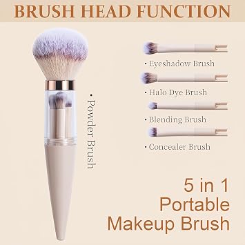 BS-MALL Travel Makeup Brush Set 5 in 1, Portable Powder Blush Eyeshadow Concealer Brushes, Lightweight Multi Purpose Makeup Brushes for Women, Daily Use & On The Go