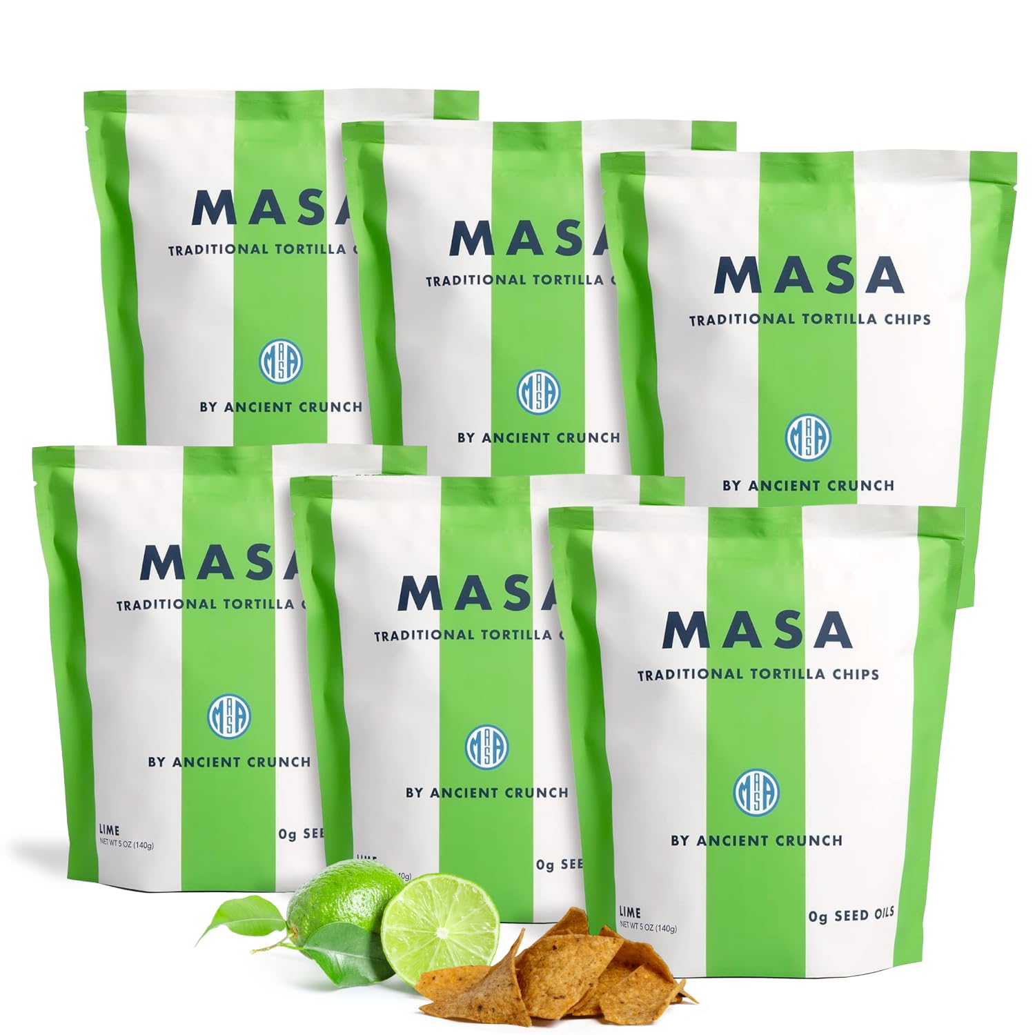 MASA Chips - Lime Flavored Tortilla Chips, Handmade Corn Chips & Crisps - Naturally Grown White Corn, Made with Grass Fed Tallow & Sea Salt - 6 Pack, 5 Ounce Each