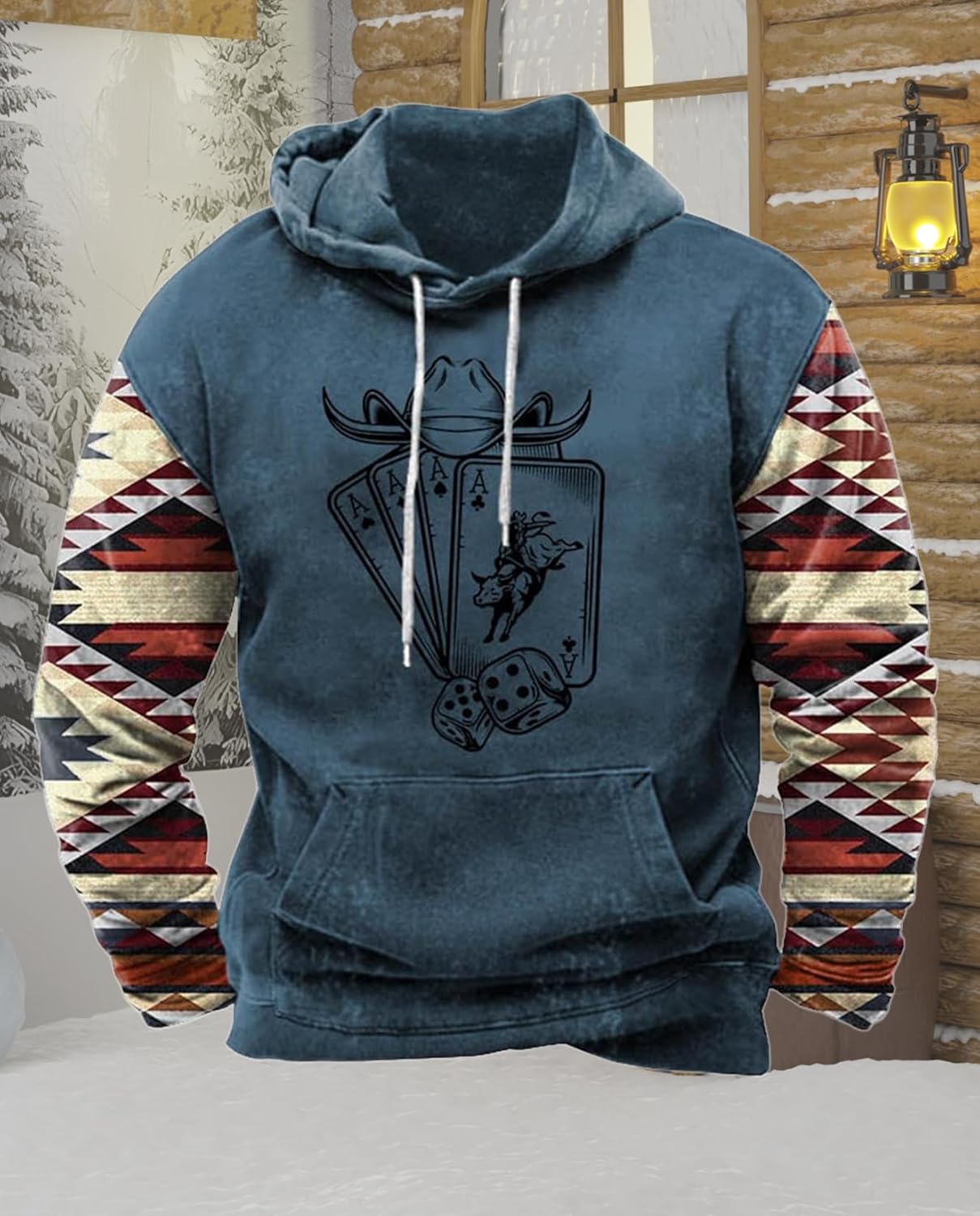 Western Hoodie for Men Aztec Cowboy Printed Drawstring Pullover Hooded Sweatshirt Mens Comfy Fleece Sweatshirt - Image 3