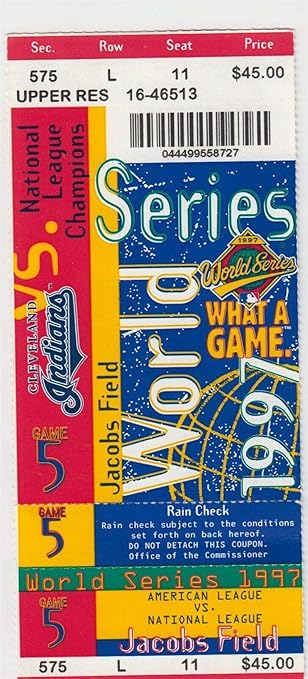 1997 World Series Full Ticket Game 5 Marlins v Indians Jacobs ...