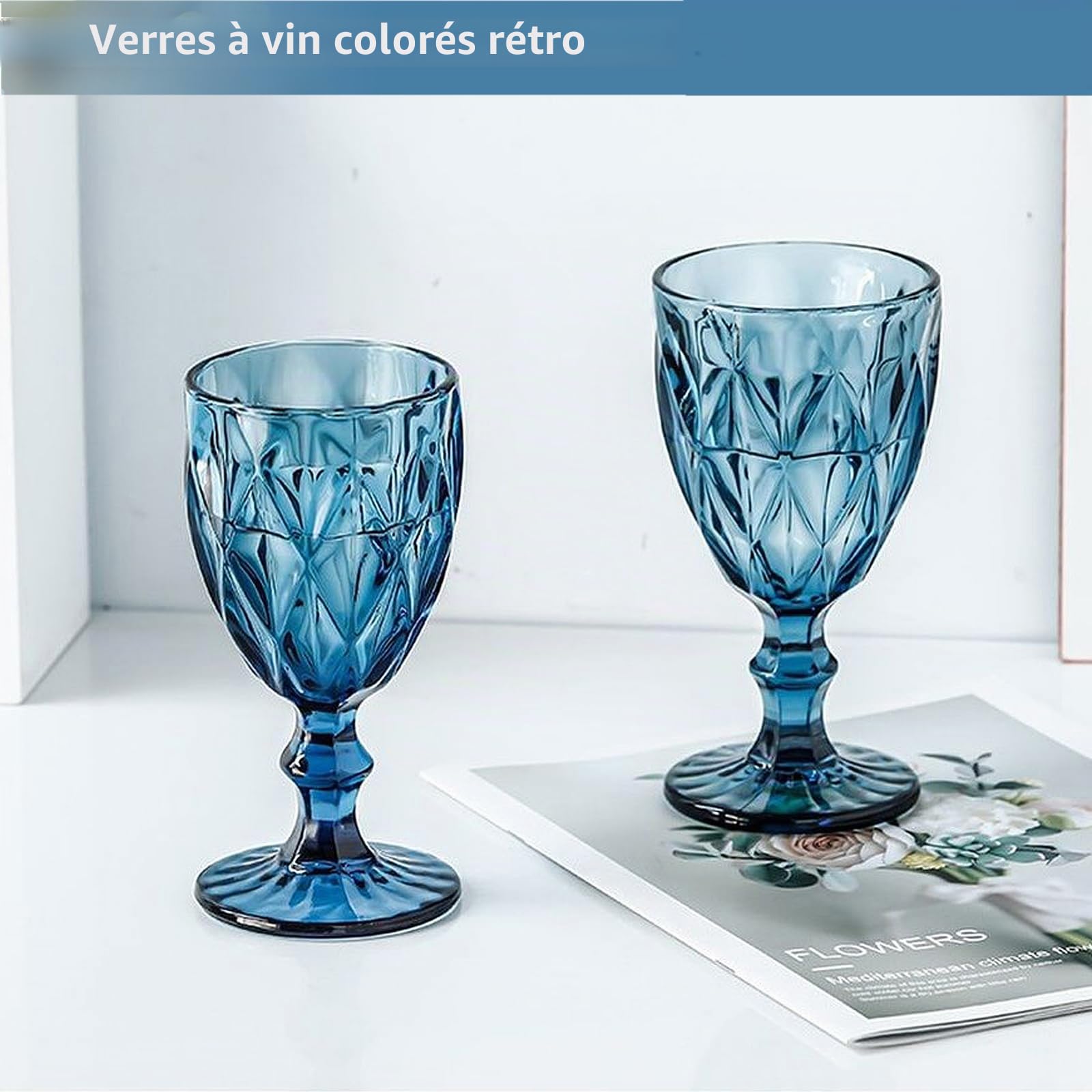 Lot de 6 verres à vin rouge vintage de 300 ml - Verres à vin en cristal - Pour mariage, cocktail, maison, restaurant, fête, Noël - Bleu clair